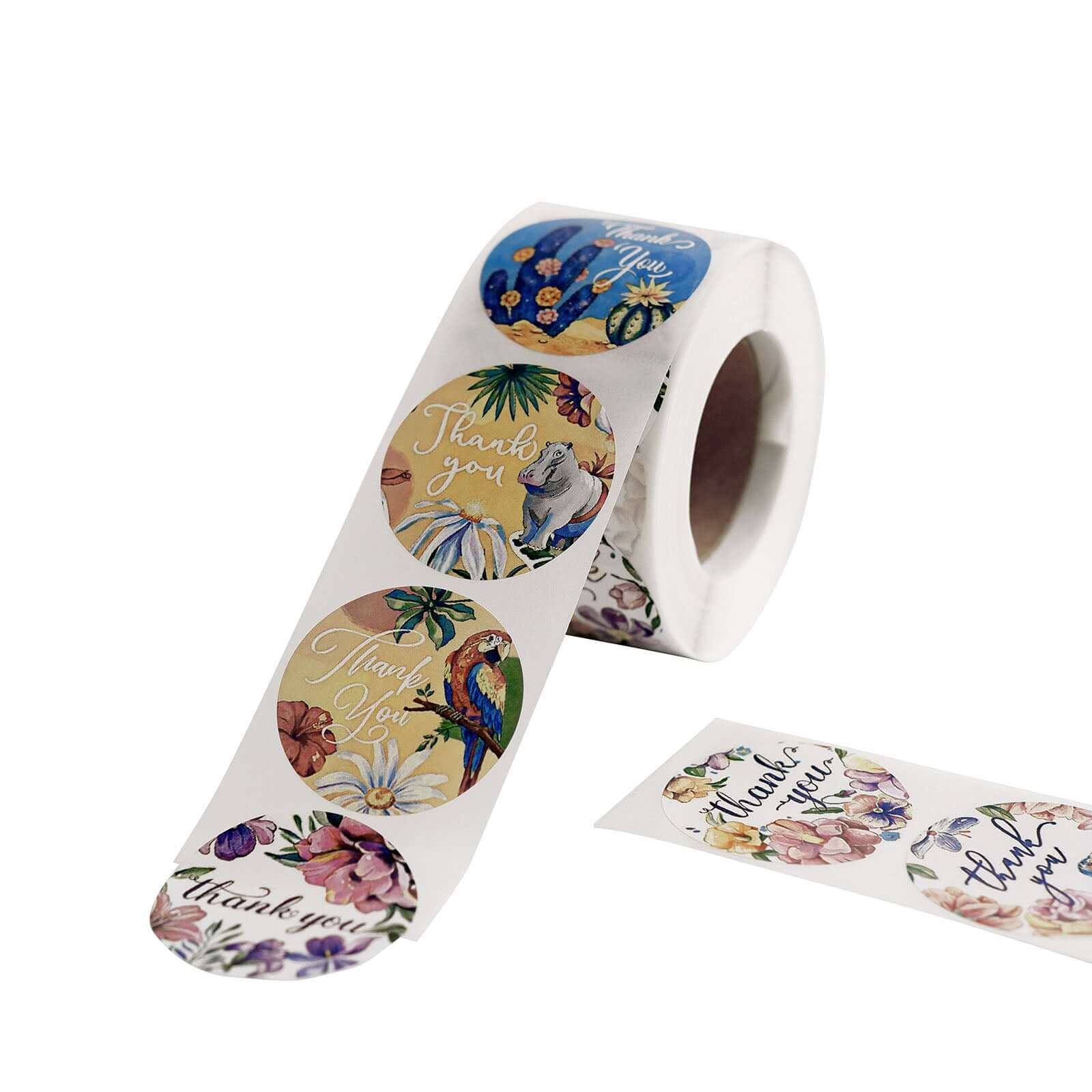 500Pcs 1.5" Thank You Tropical Colorful Floral Stickers Roll, Labels For DIY Envelope Seal - Round