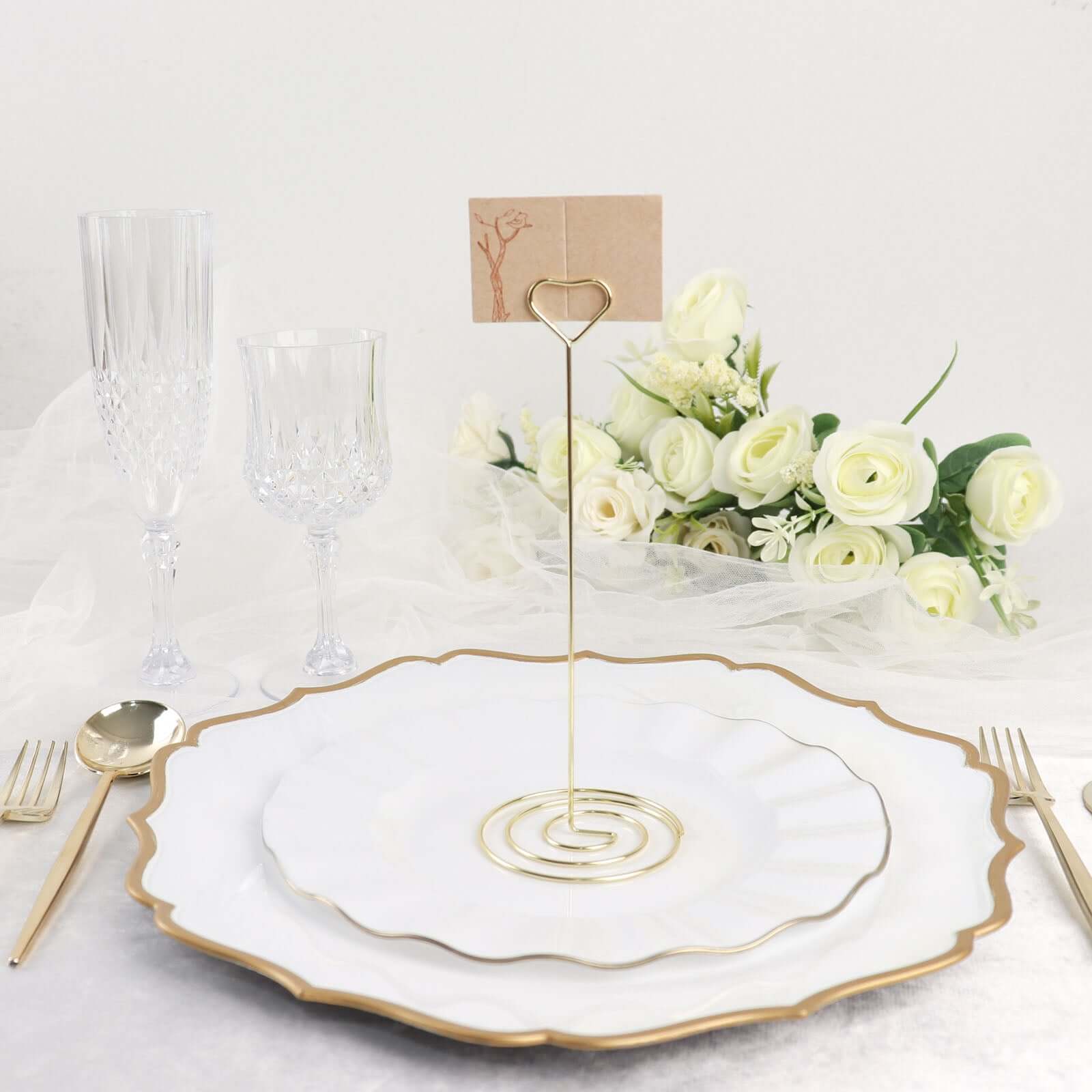 10-Pack Metal Card Holder Stands Heart Design Gold - Table Number Stands and Wedding Place Card Menu Clips 8"