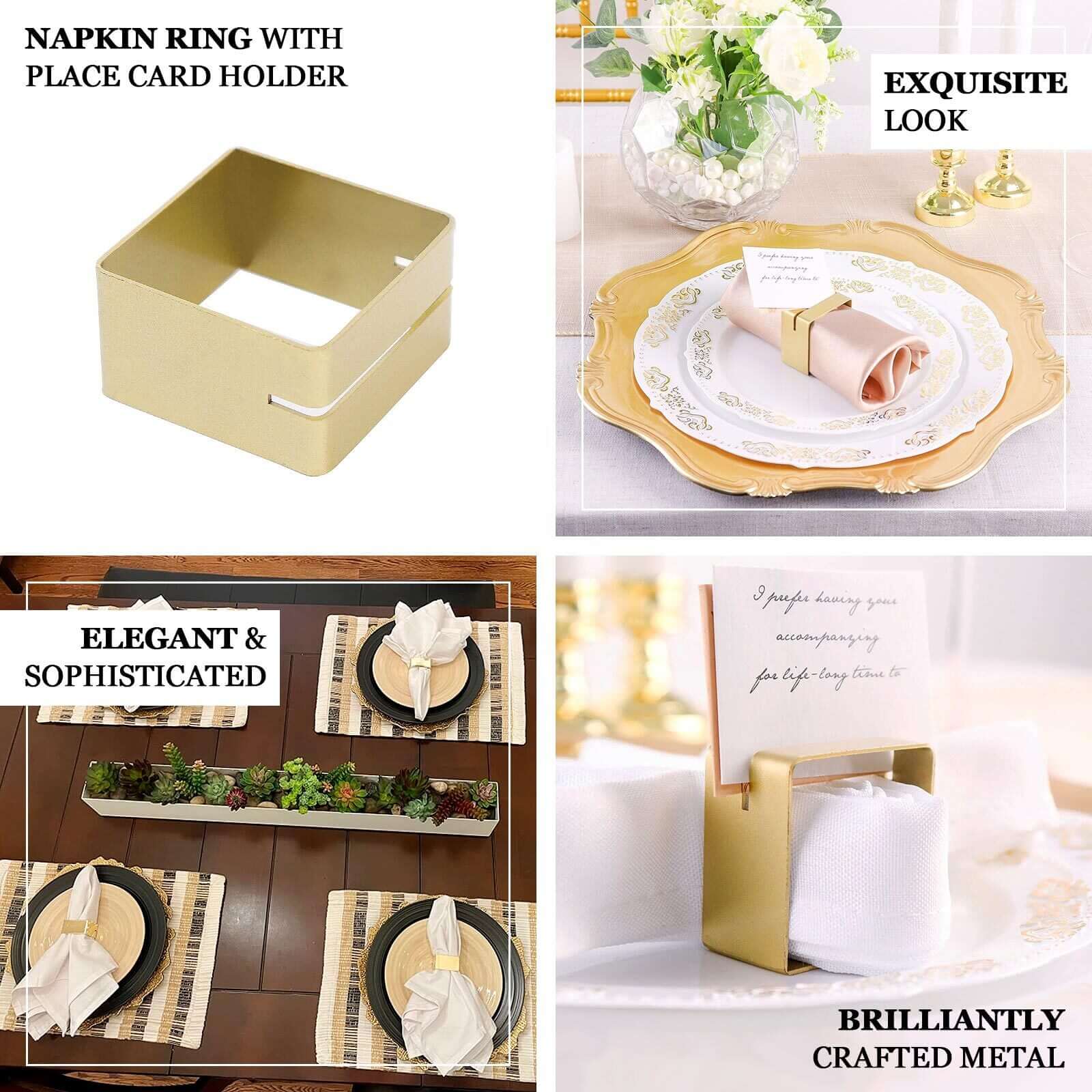4 Pack Matte Gold Metal Square Napkin Rings with Place Card Holder, Modern Design Multipurpose Napkins Rings