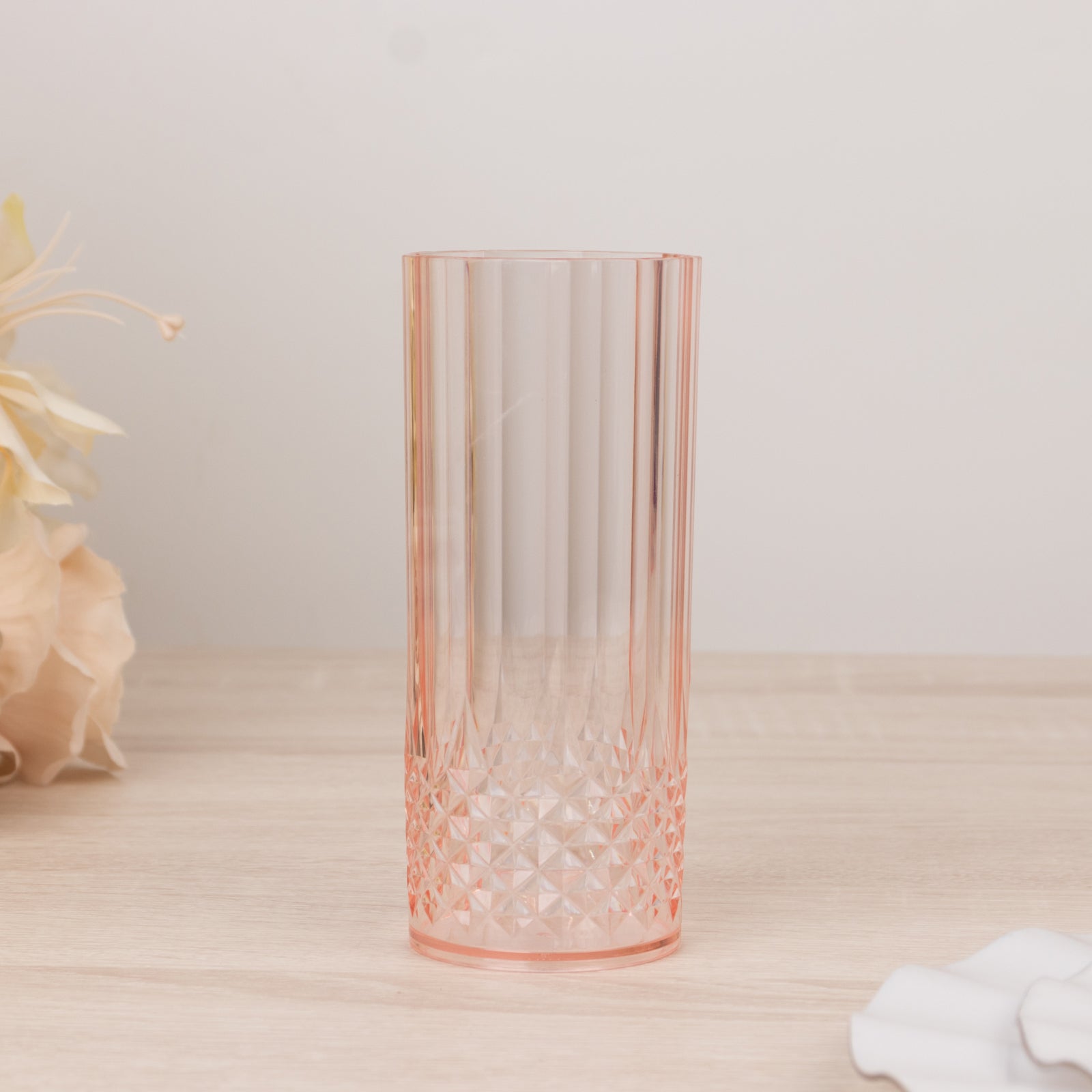 6-Pack Plastic Cocktail Tumblers Transparent Blush Crystal Cut Style - Shatterproof Highball Glasses 14oz