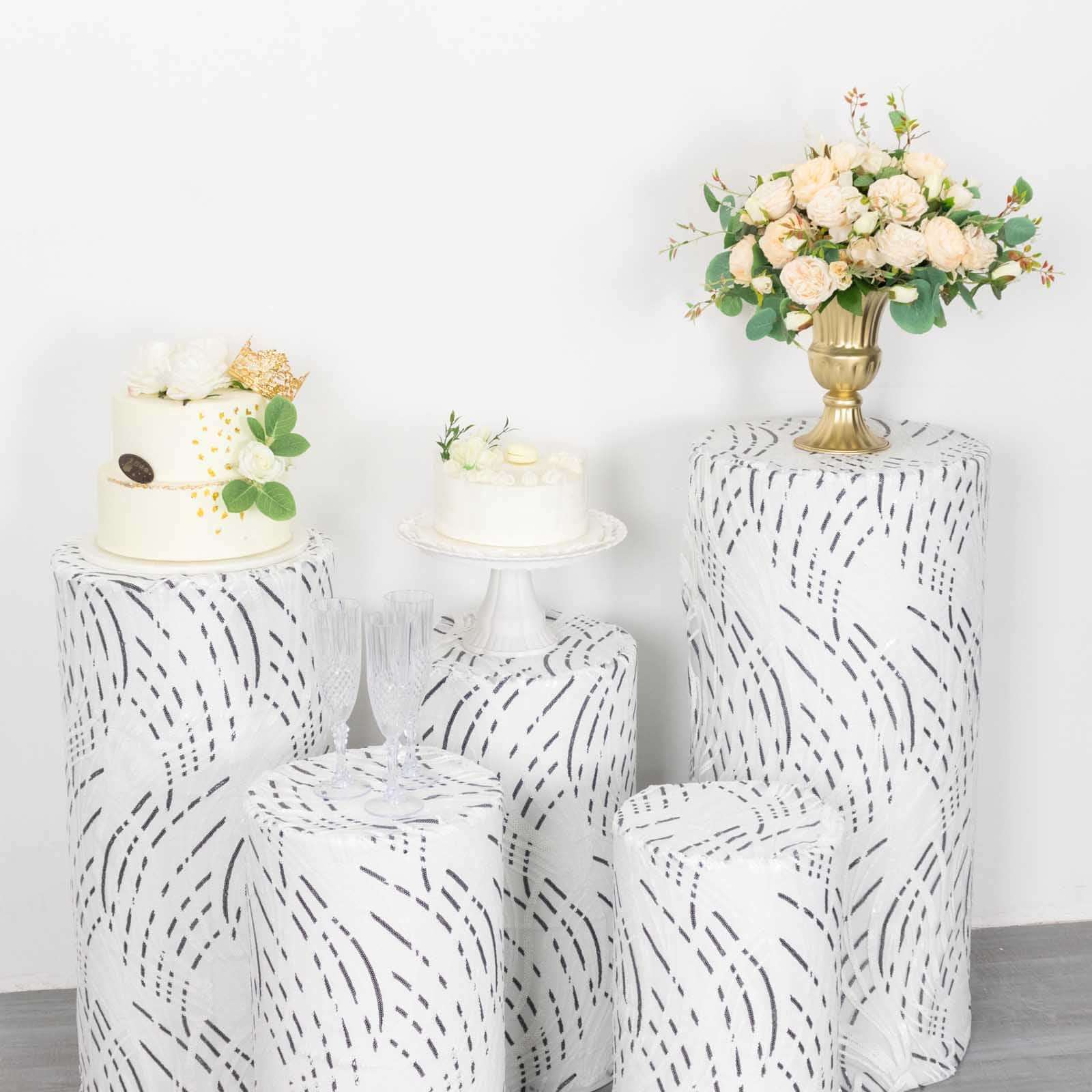 Set of 5 White Wave Mesh Cylinder Pedestal Stand Covers with Embroidered Sequins, Pillar Prop Covers - 160 GSM