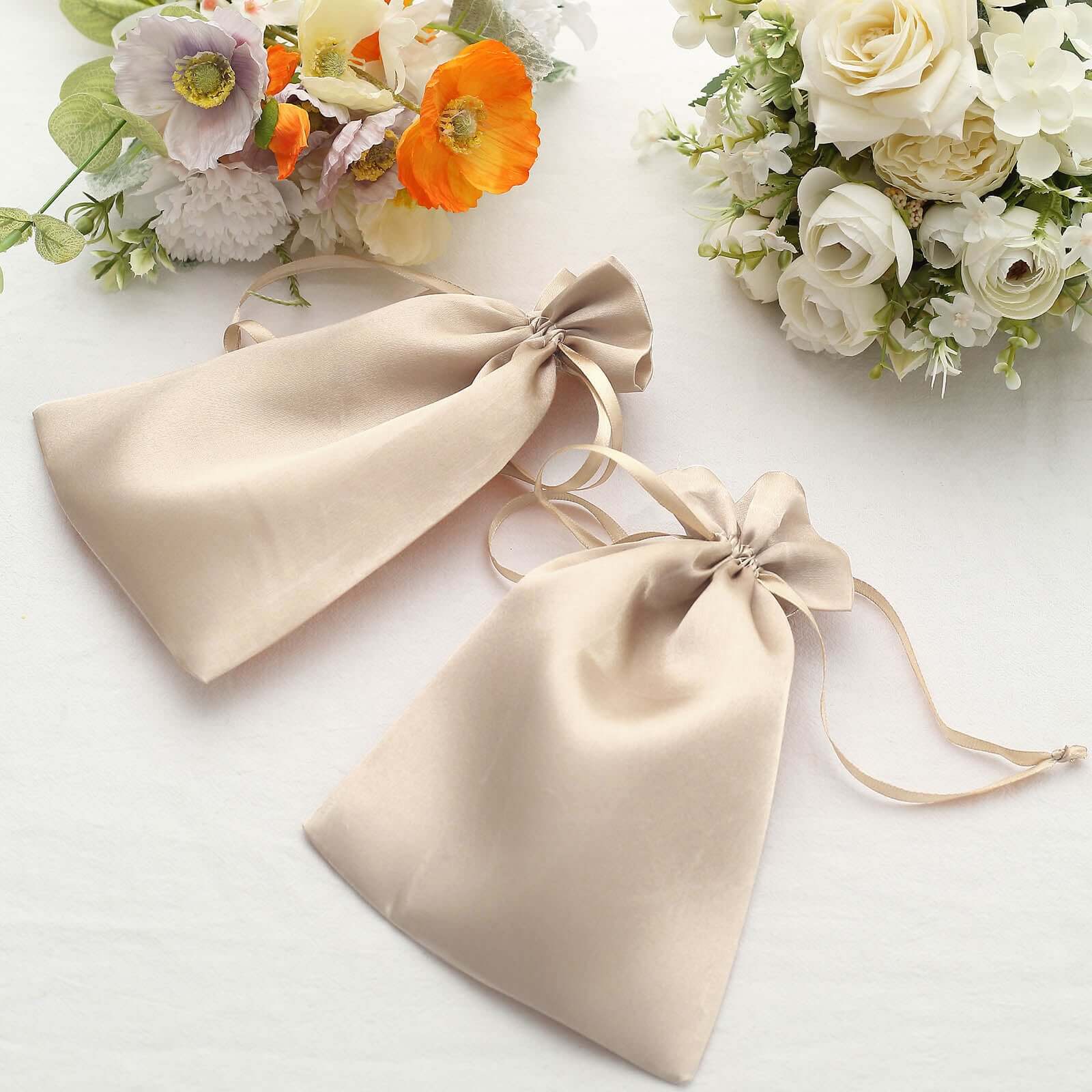 12 Pack 6"x9" Beige Satin Drawstring Wedding Party Favor Gift Bags