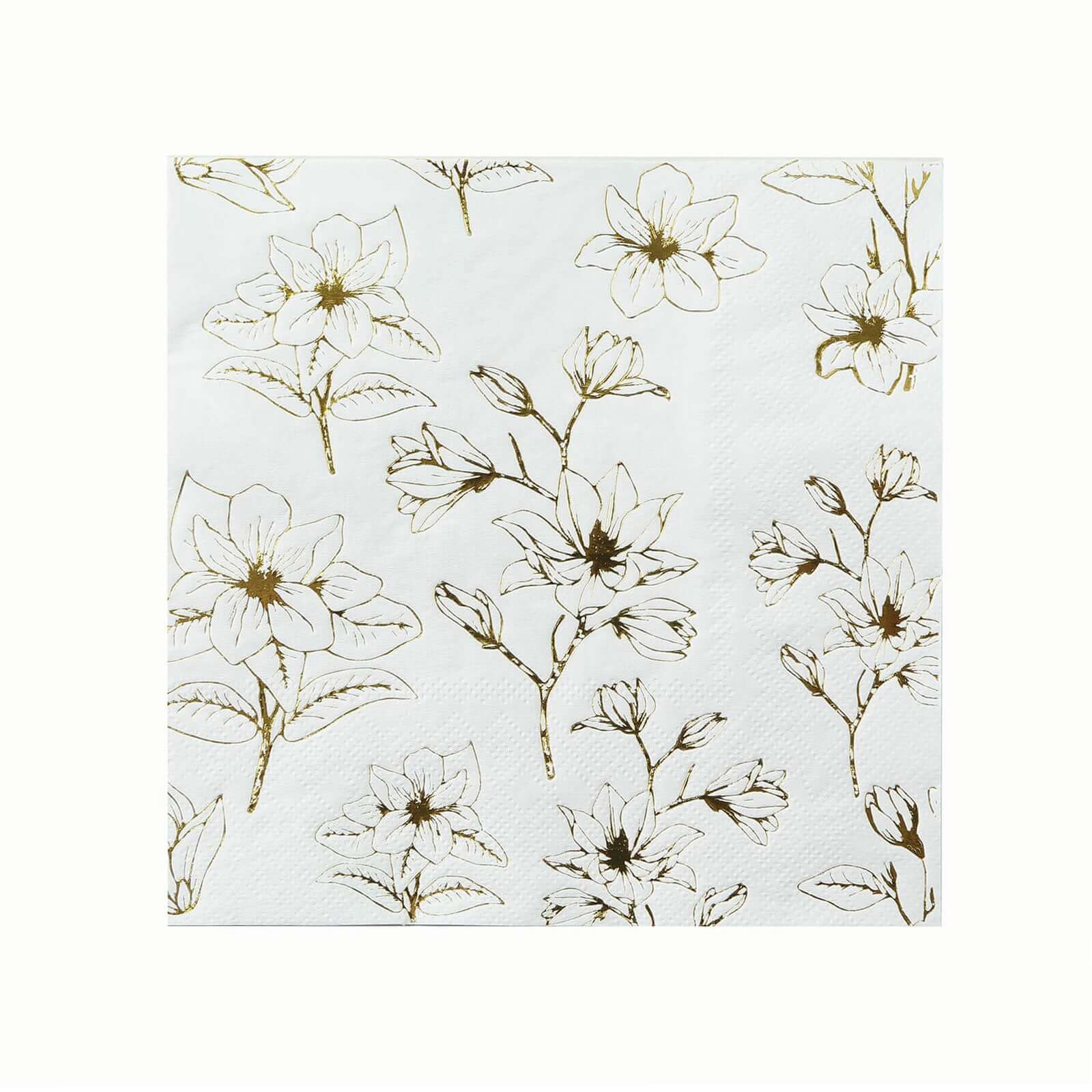 50-Pack Paper Cocktail Napkins with Gold Magnolia Flowers Print White - Highly 2 Ply Absorbent Soft Napkins for Beverages