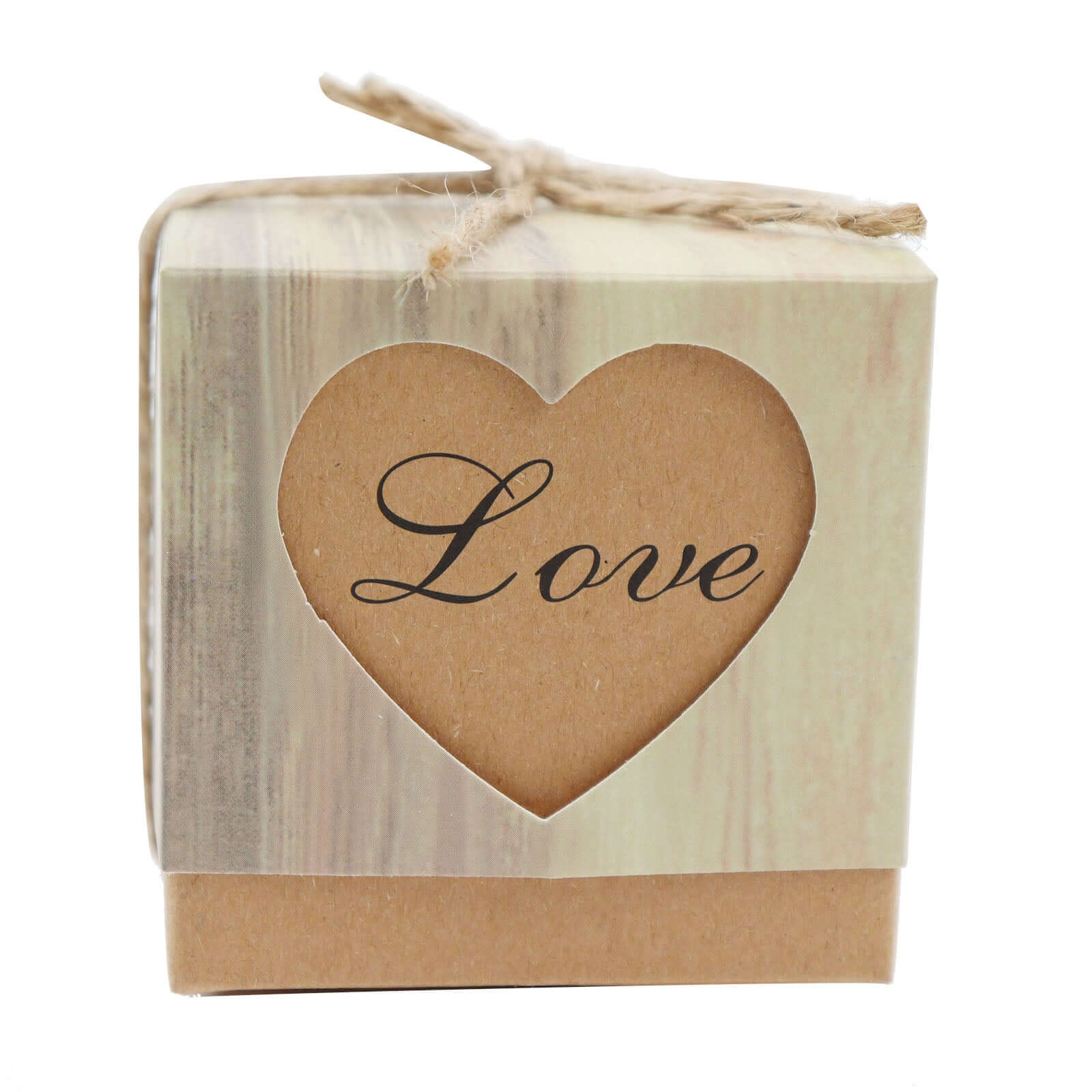 25 Pack 2.5" Rustic Wood Pattern Natural Brown Paper Candy Gift Boxes, Square Party Favor Boxes with Burlap Jute Twine and Love Heart Cut Out