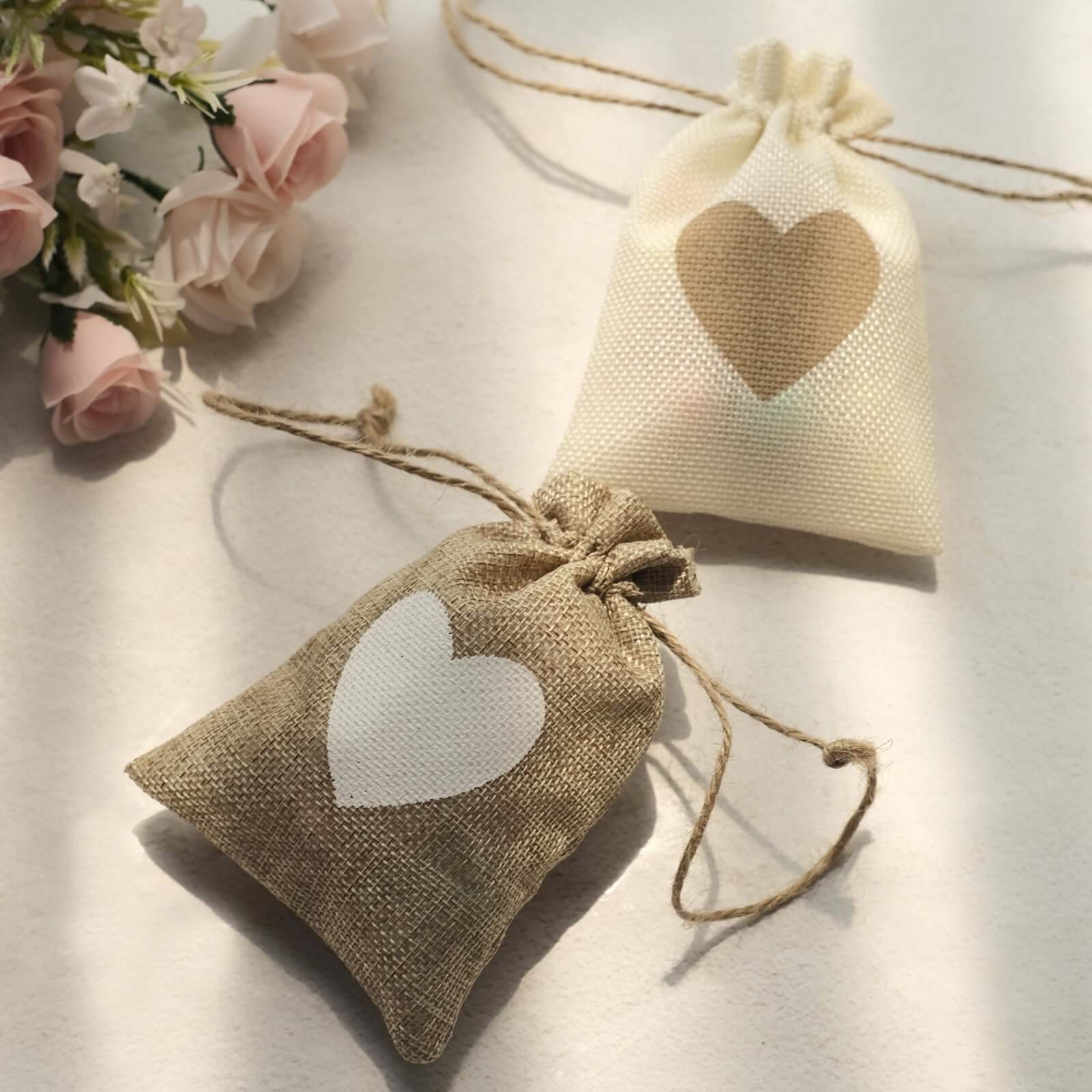 20 Pack 4"x5" Natural Ivory Heart Design Jute Burlap Gift Bags With Drawstring, Rustic Wedding Party Favor Bags