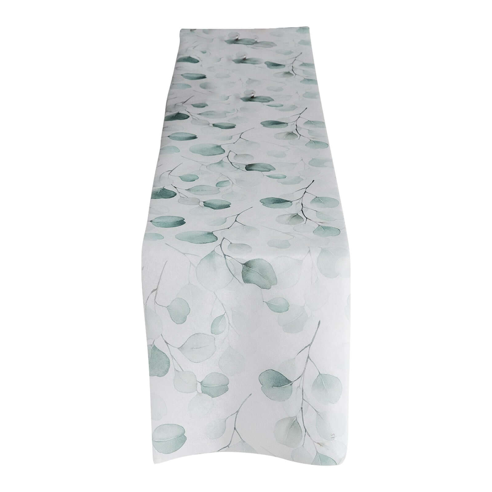 Disposable Table Runner 11"x108" White with Green Eucalyptus Leaves Print - Non-woven Stylish Spring Summer Dining Decor