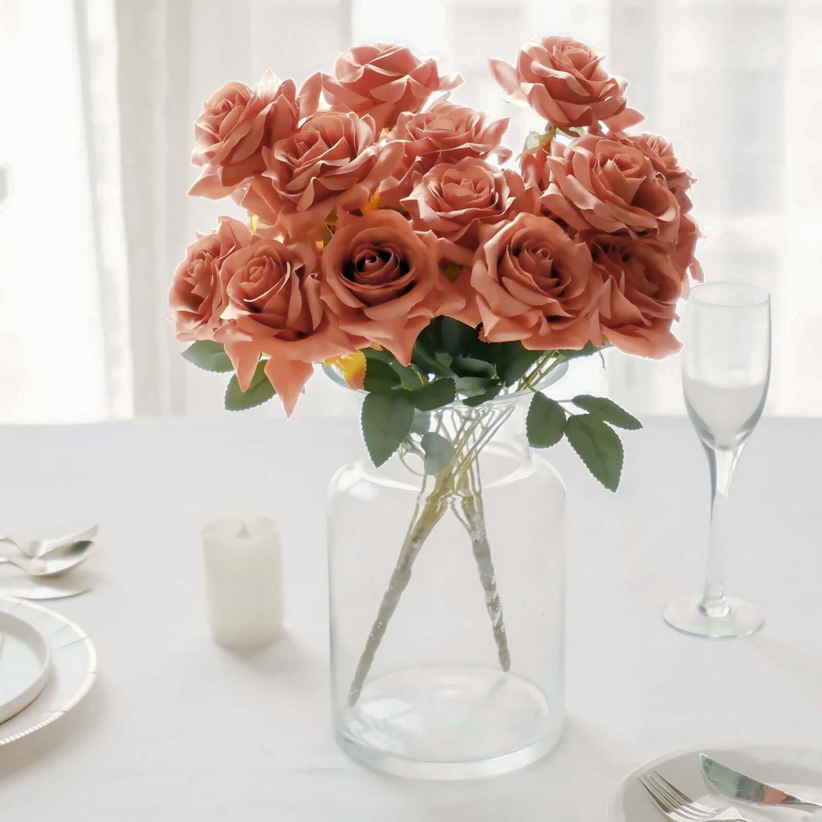 2 Bouquets 17" Terracotta (Rust) Real Touch Artificial Silk Rose Flower Bushes