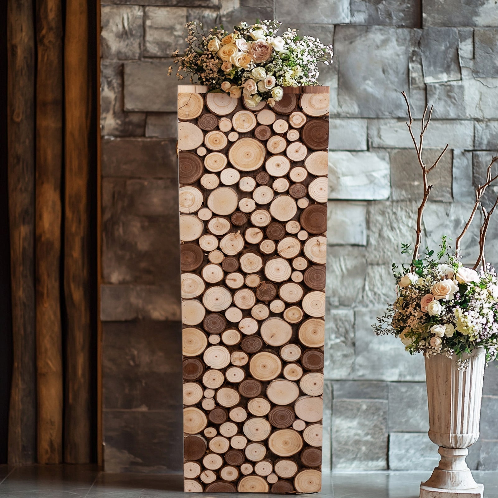 36" Natural Wooden Slices Pillar Prop Pedestal Stand, Rustic Farmhouse Wood Riser Rectangular Plant Stand