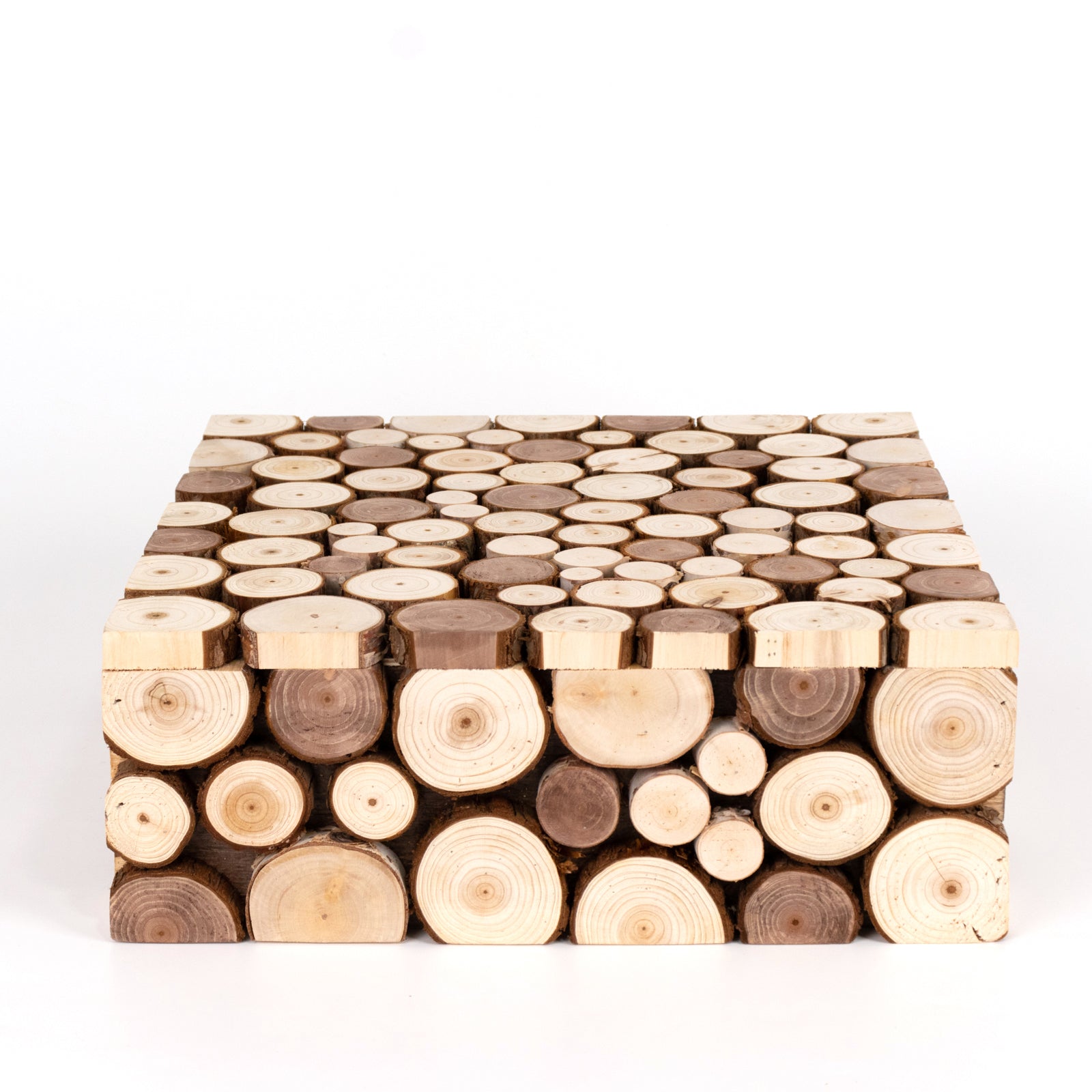 Wooden Cake Stand 14"x14" Square Design Rustic Natural Slices - Farmhouse Display Box Pedestal Riser