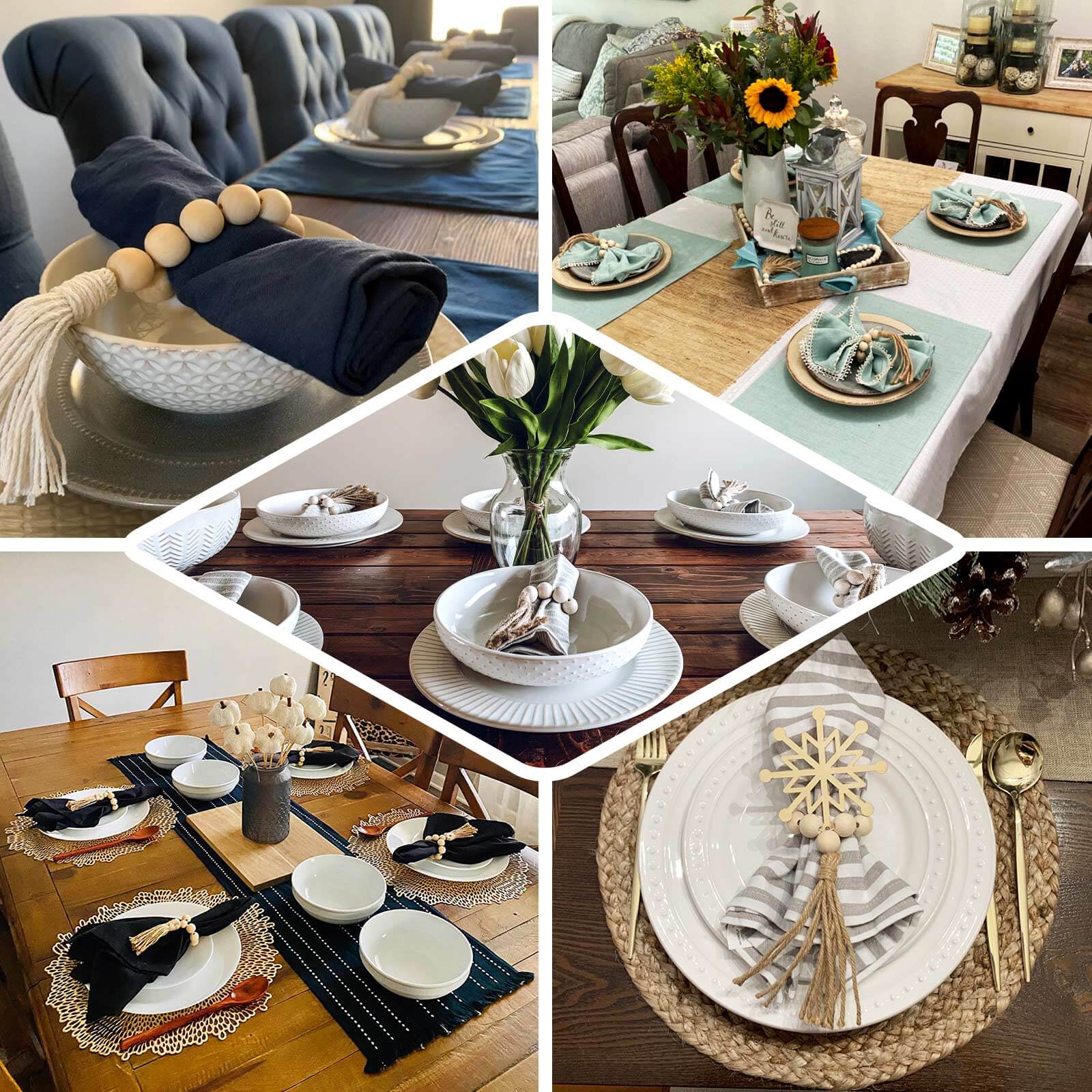 4 Pack 6" Cream Rustic Boho Chic Wood Bead Napkin Rings With Tassels, Farmhouse Country Napkin Holders