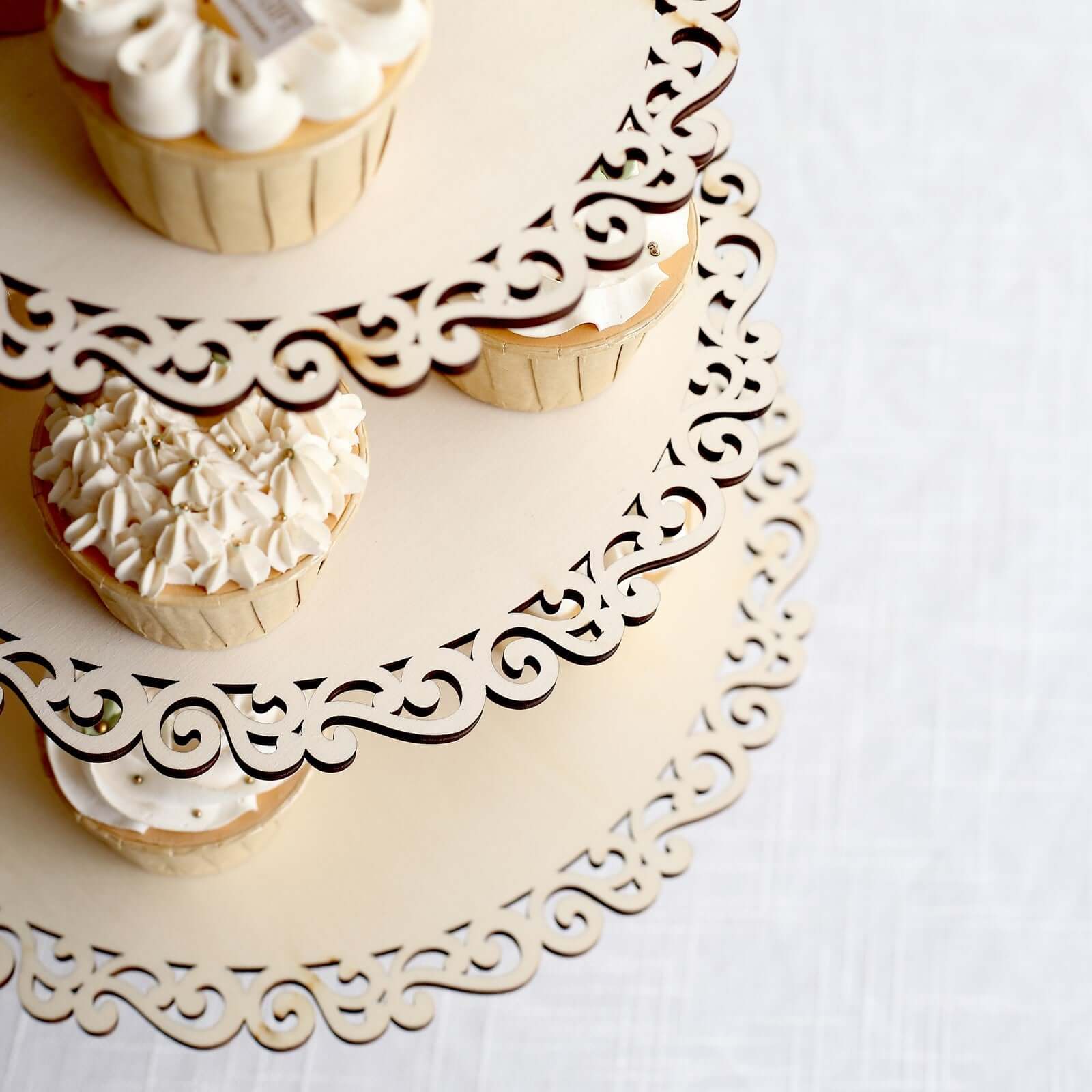 3-Tier Wooden Cupcake Stand Floral Edge Design Natural - Rustic Round Dessert Display Table Centerpiece 16"