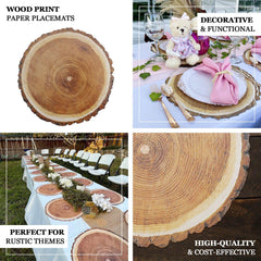 6-Pack Disposable Table Placemats in Natural Wood Slice Print - 700GSM Cardboard Placemats for Boho Farmhouse Decor 13"