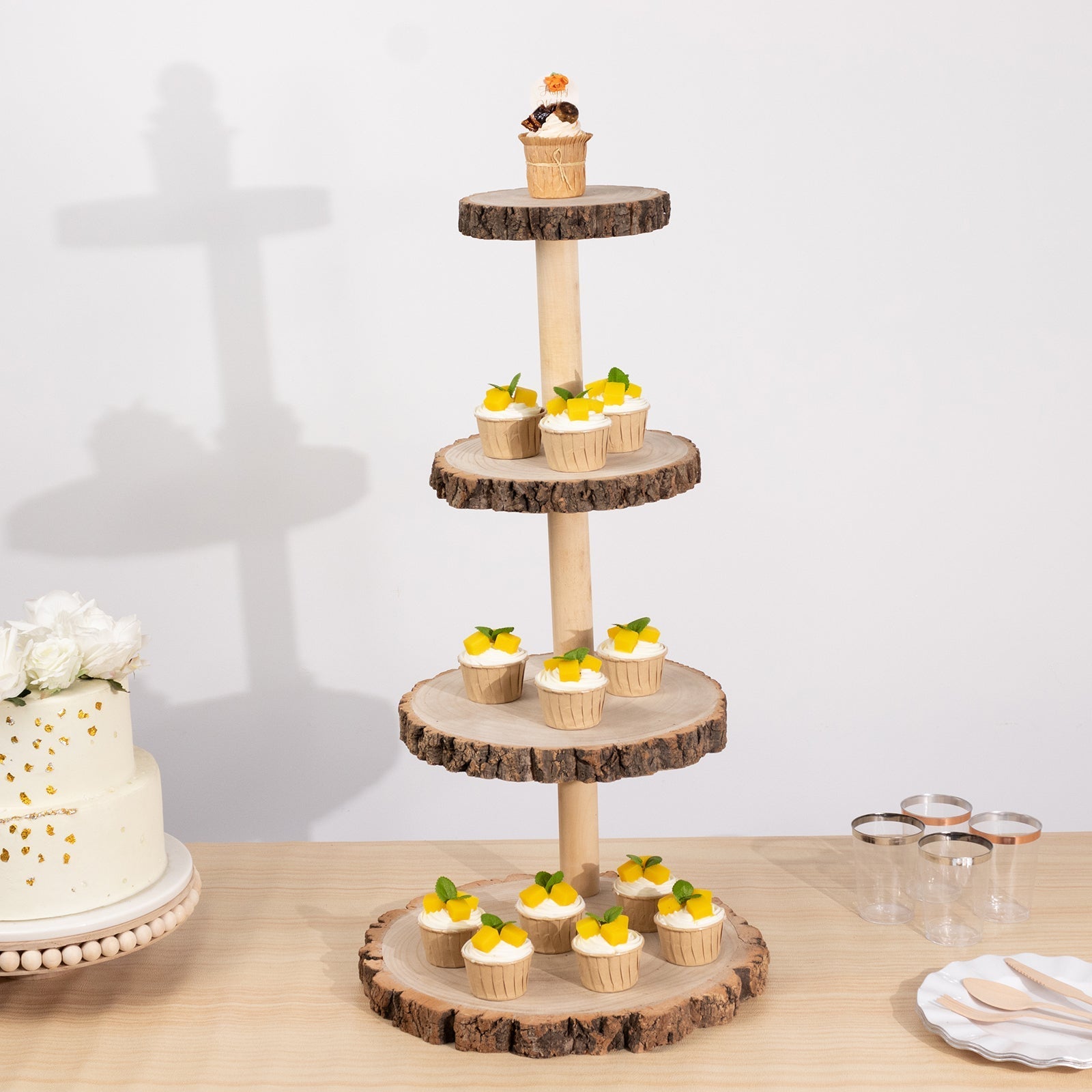 4-Tier Wooden Cupcake Tower Stand Rustic Natural Wood Slice Design - Farmhouse Style Dessert Display 29"