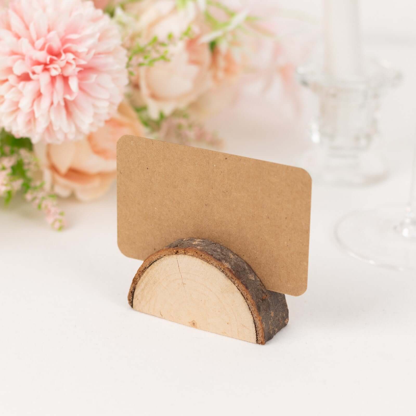 Set of 10 Wood Place Card Holders Rustic Semicircle Design Natural with Brown Paper - Wedding Table Number Display 2.5"