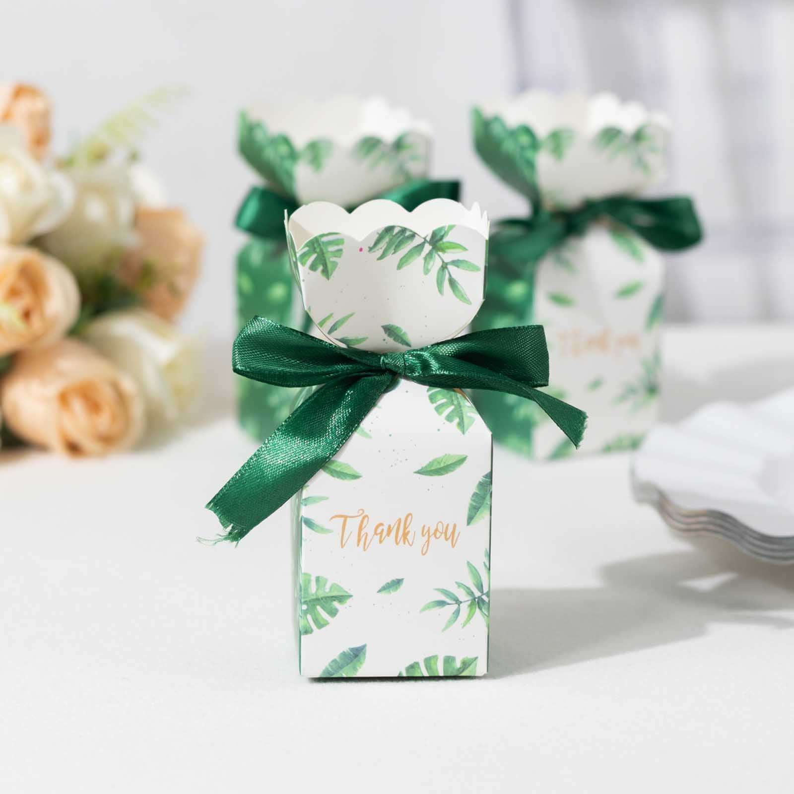 25 Pack White Green Leaf Print Satin Ribbon Candy Gift Boxes With Floral Top, Cardstock Paper Party Favor Boxes - 2"x5"