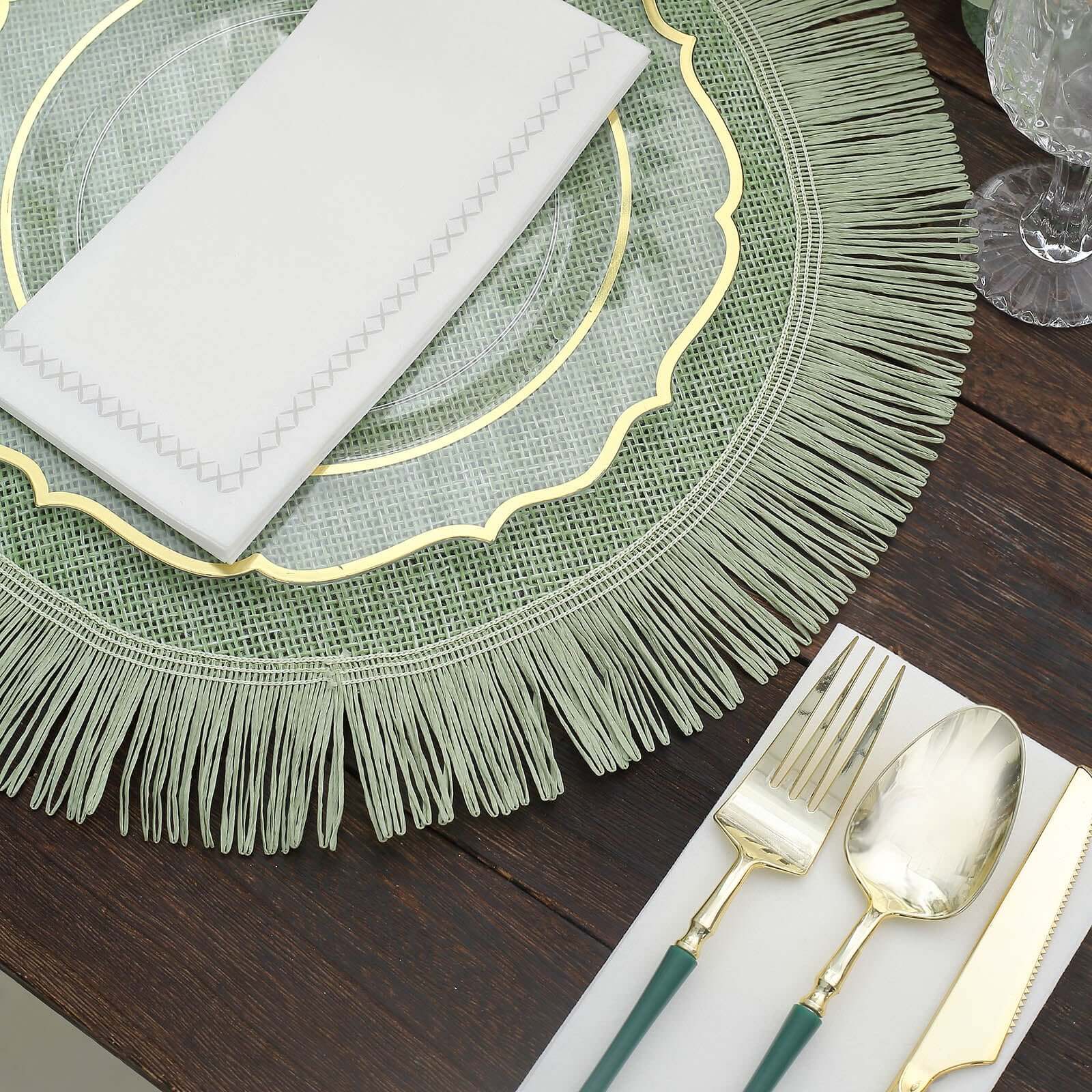 4-Pack Placemats Fringe Edge Design Sage Green Jute Round - Rustic Boho Chic Burlap Table Decor 16"