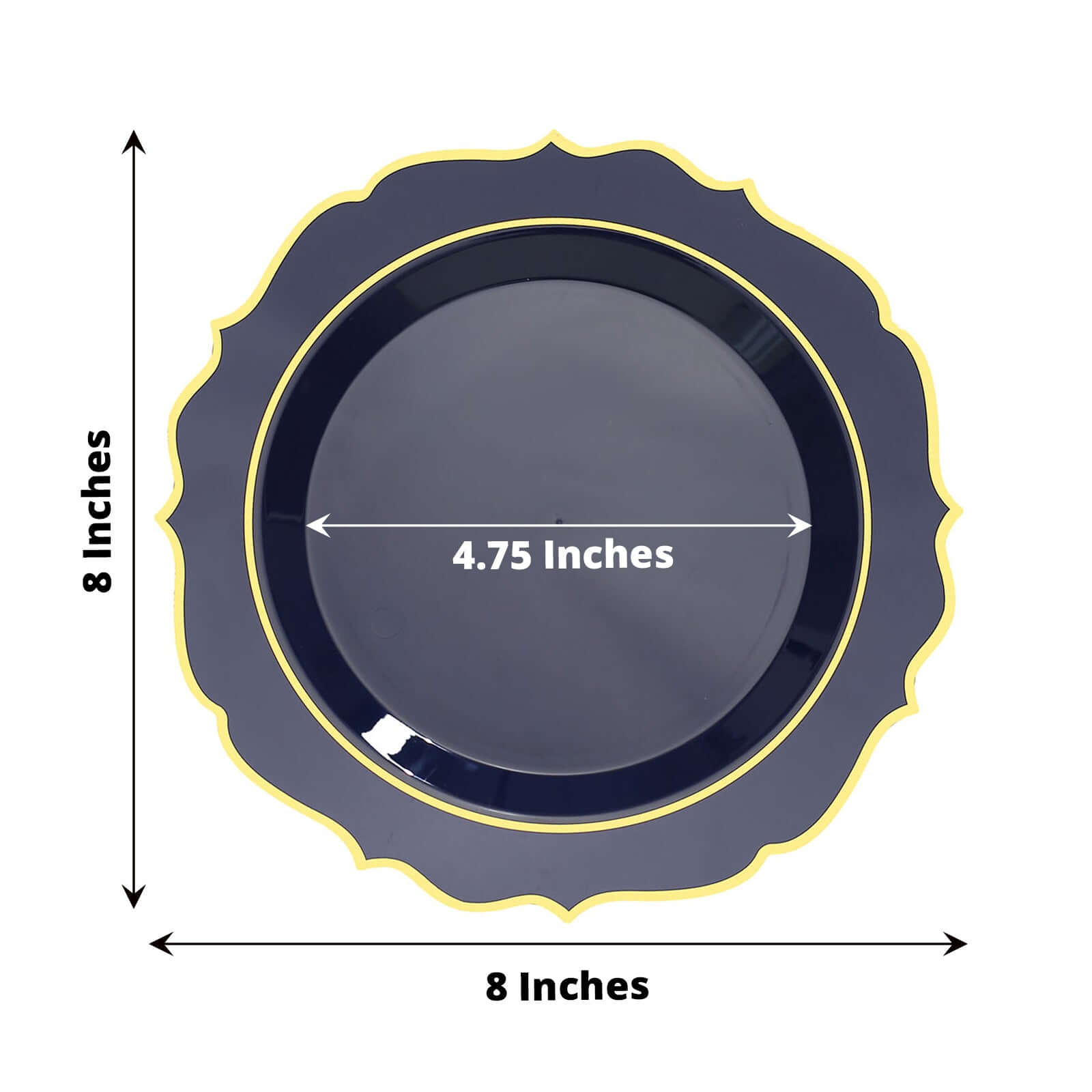 10-Pack Plastic 8" Round Dessert Plates in Navy Blue with Gold Scalloped Rim - Disposable Appetizer/Salad Plates