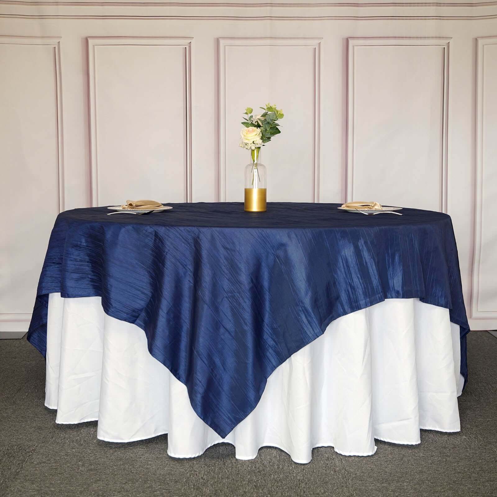 Taffeta 90"x90" Table Overlay Square Tablecloth Navy Blue - Accordion Crinkle Table Cover