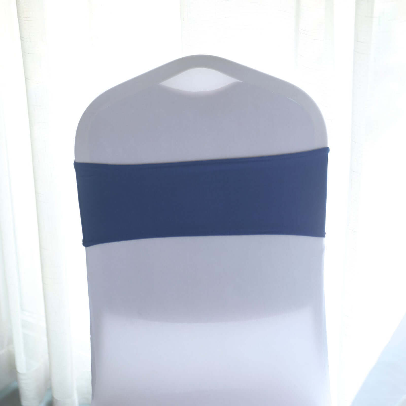 5 Pack Stretch Spandex Chair Sashes Navy Blue - Reusable Chair Bands with Silver Diamond Ring Slide Buckle 5"x14"