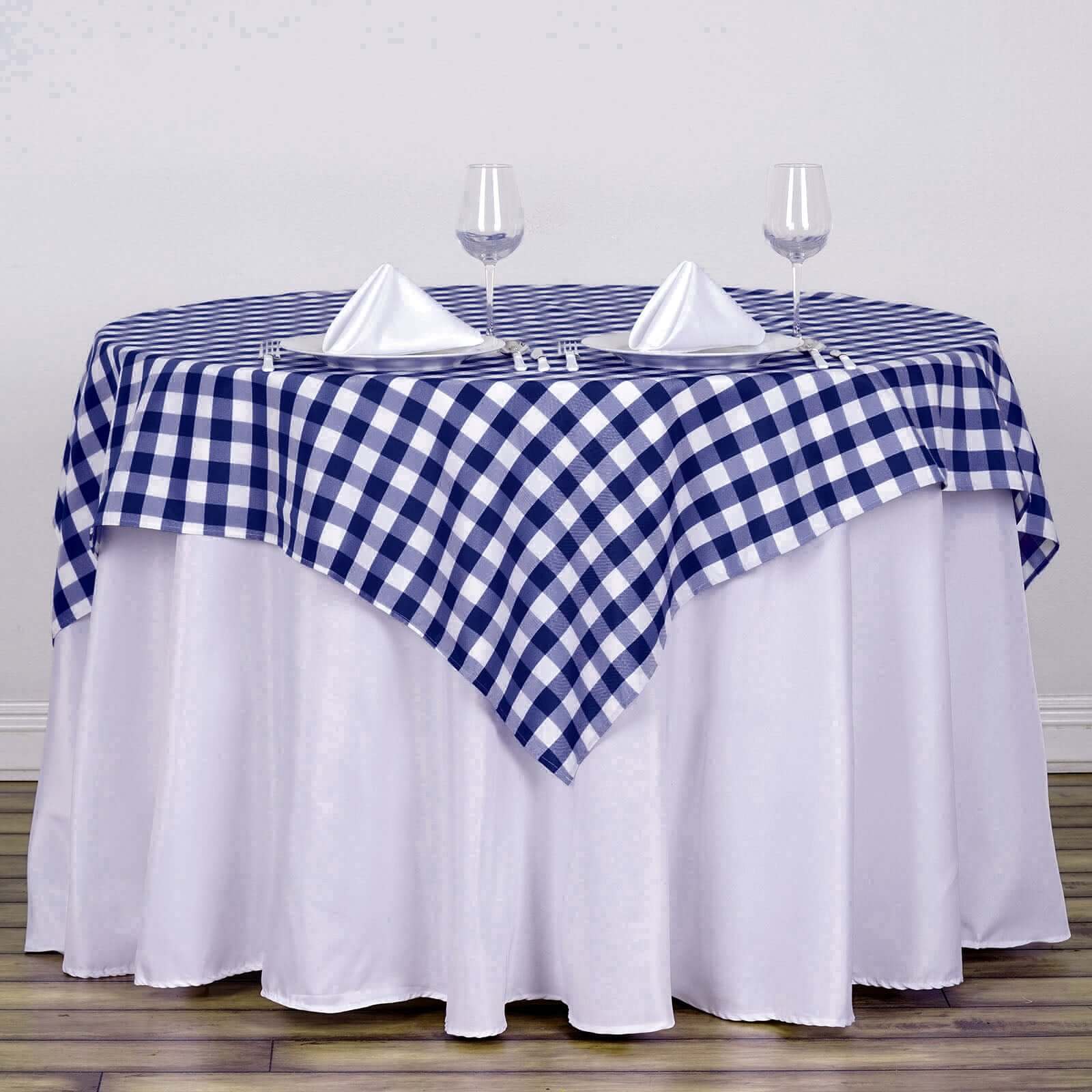 Polyester 54"x54" Table Overlay Square Tablecloth White/Navy Blue - Checkered Buffalo Plaid Design for Casual Table Settings