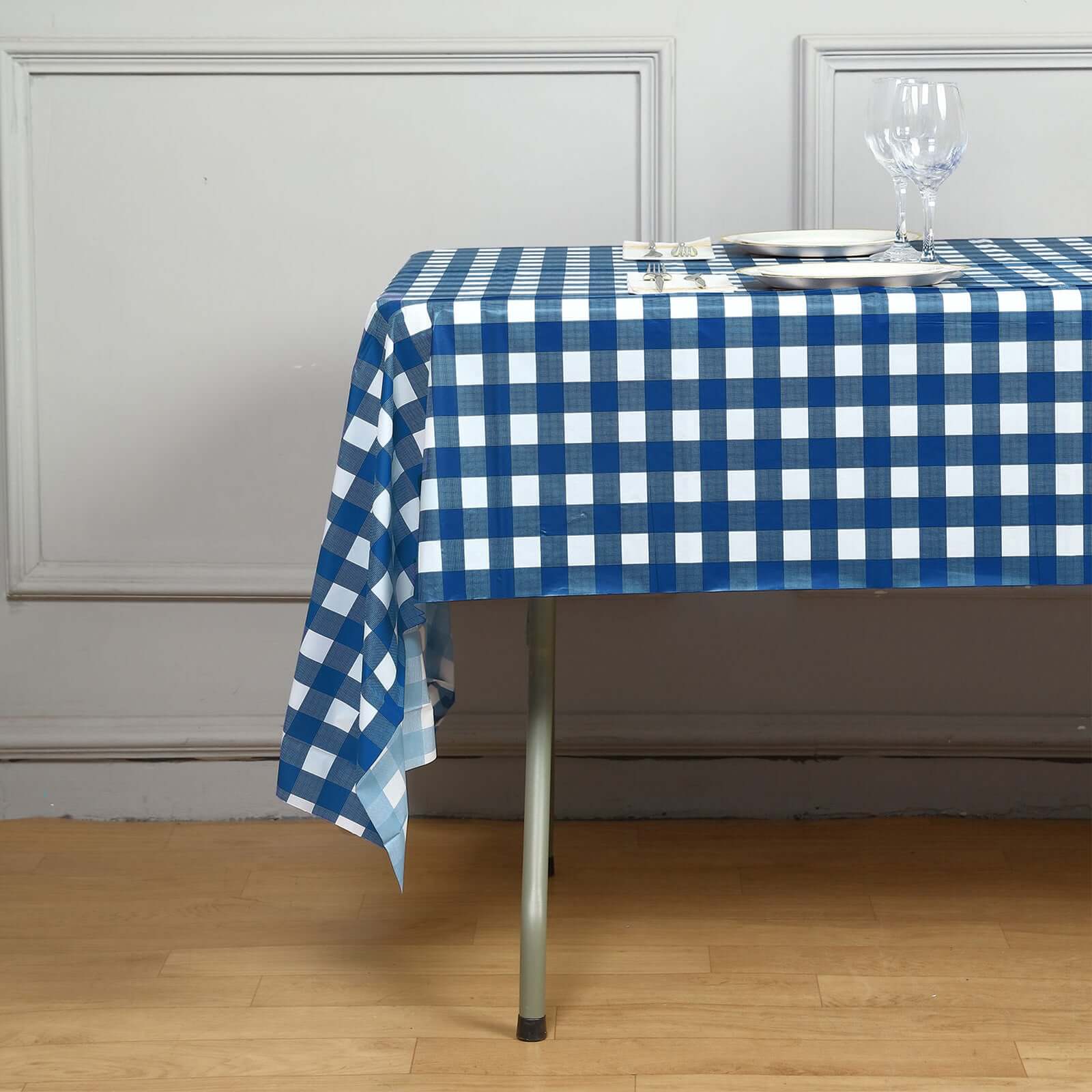 5-Pack Plastic Table Covers Navy Blue Checkered Rectangle - Durable PVC Disposable Covers for Events 54"x108"
