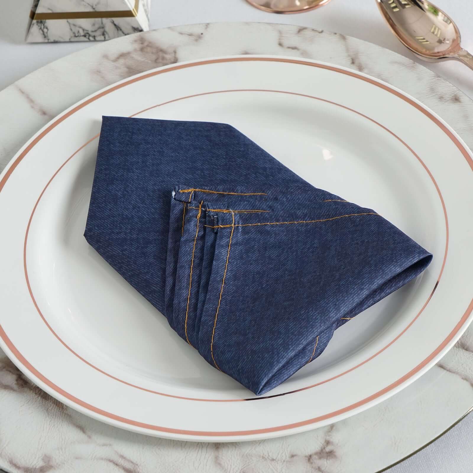 5 Pack Polyester 17"x17" Napkins Navy Blue Faux Denim Style Dinner Napkins for Casual Gatherings & Themed Events