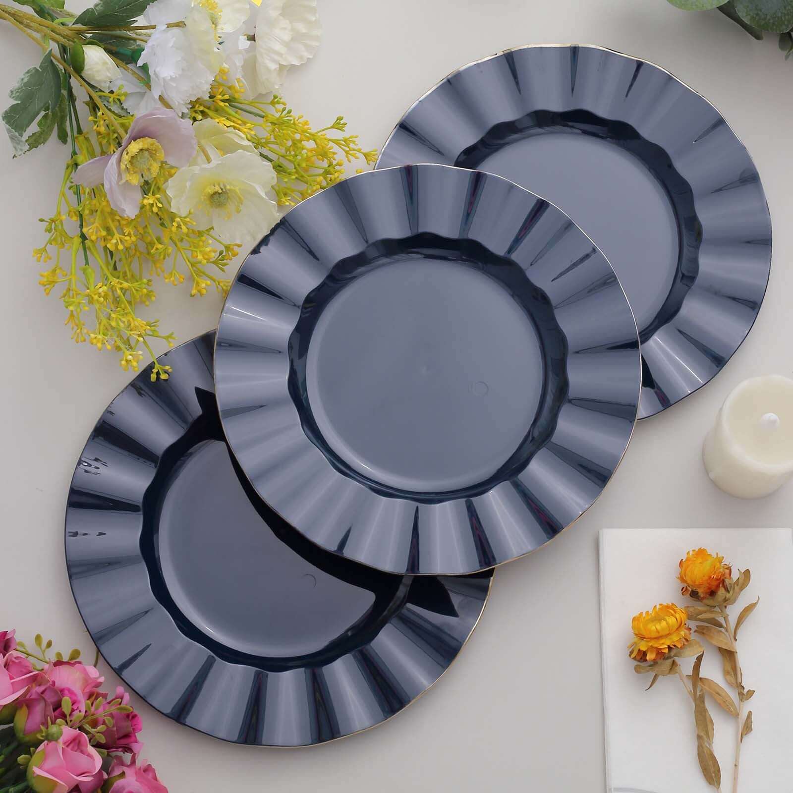 10-Pack Plastic 9" Round Dinner Plates in Navy Blue Ruffled Rim with Gold Edging - Sturdy Disposable Dinnerware