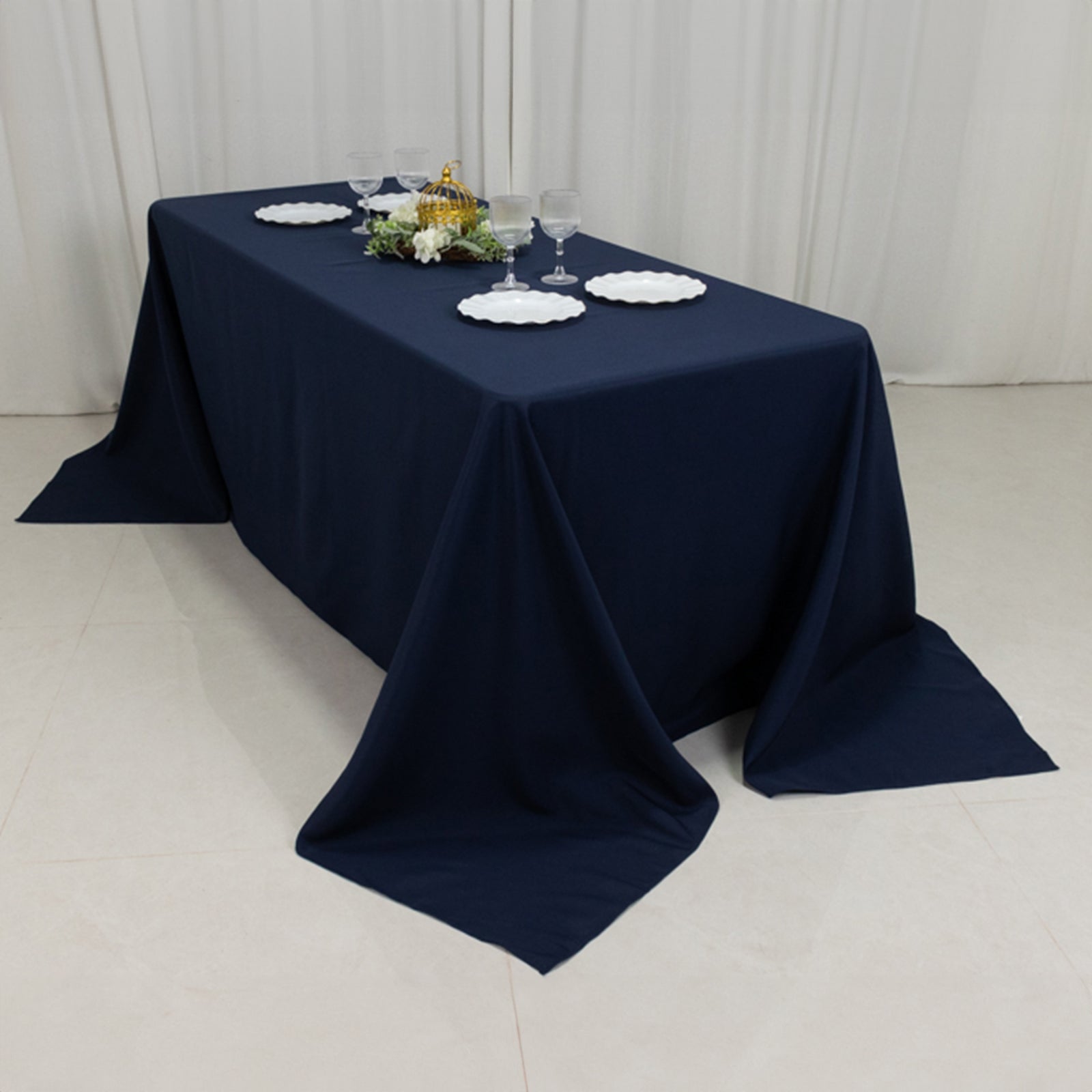 Fire Retardant Premium Polyester 90"x132" Rectangular Tablecloth Navy Blue - High-Performance Seamless Table Cover