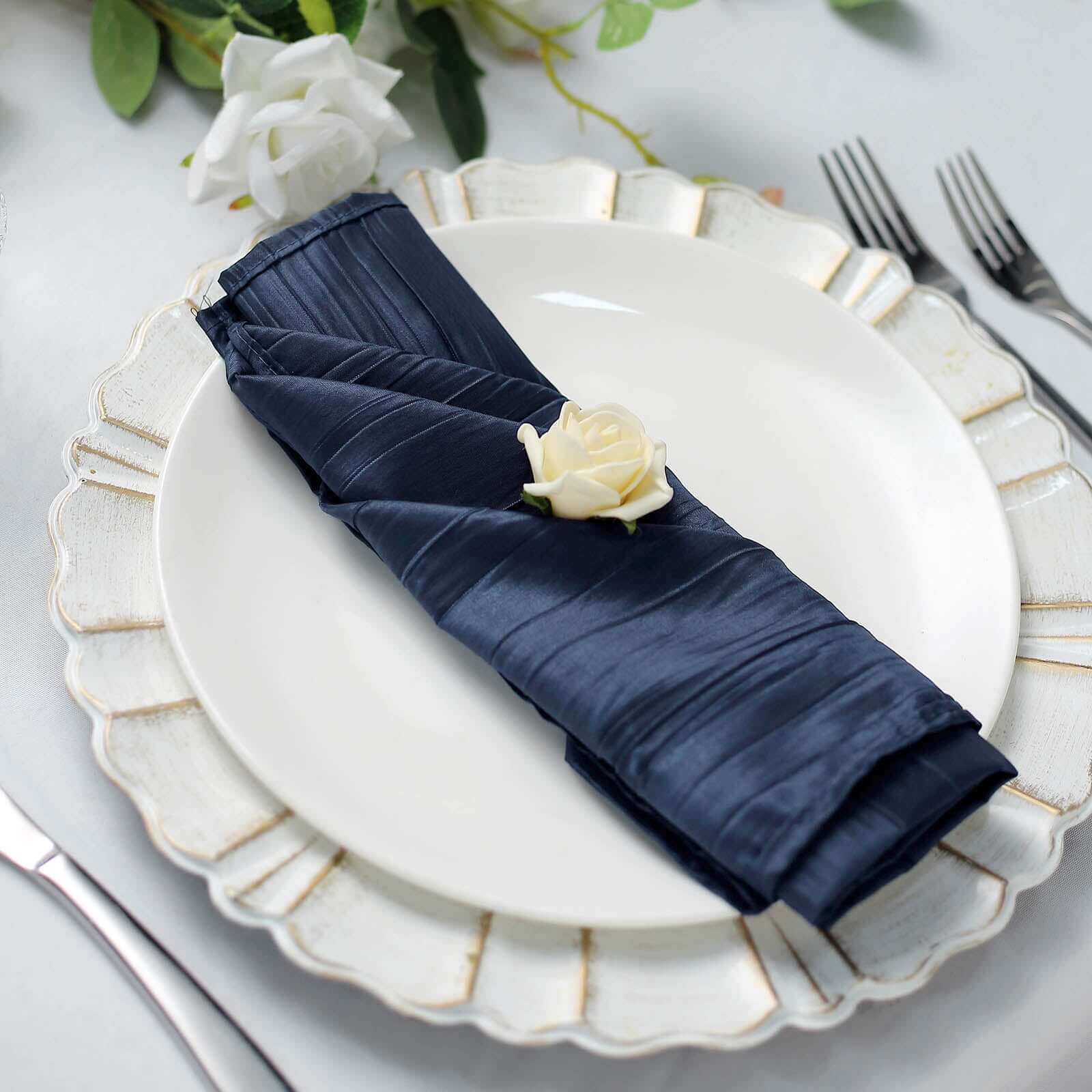 5 Pack Taffeta 20"x20" Napkins Navy Blue - Accordion Crinkle Dinner Napkins