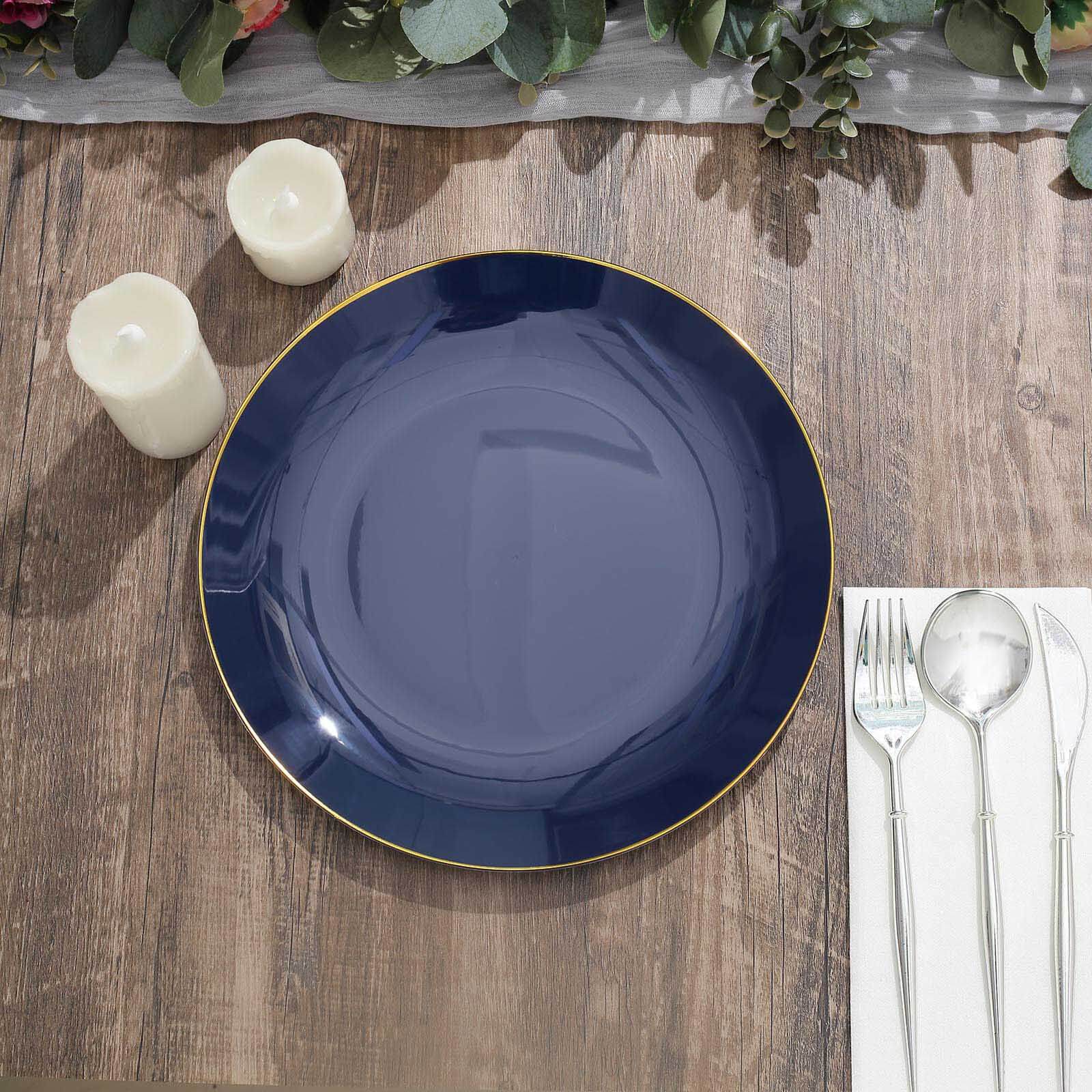 10-Pack Plastic 10" Round Dinner Plates in Navy Blue with Gold Rim - Glossy Disposable Party Plates