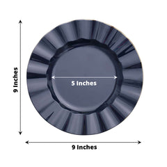 10-Pack Plastic 9" Round Dinner Plates in Navy Blue Ruffled Rim with Gold Edging - Sturdy Disposable Dinnerware