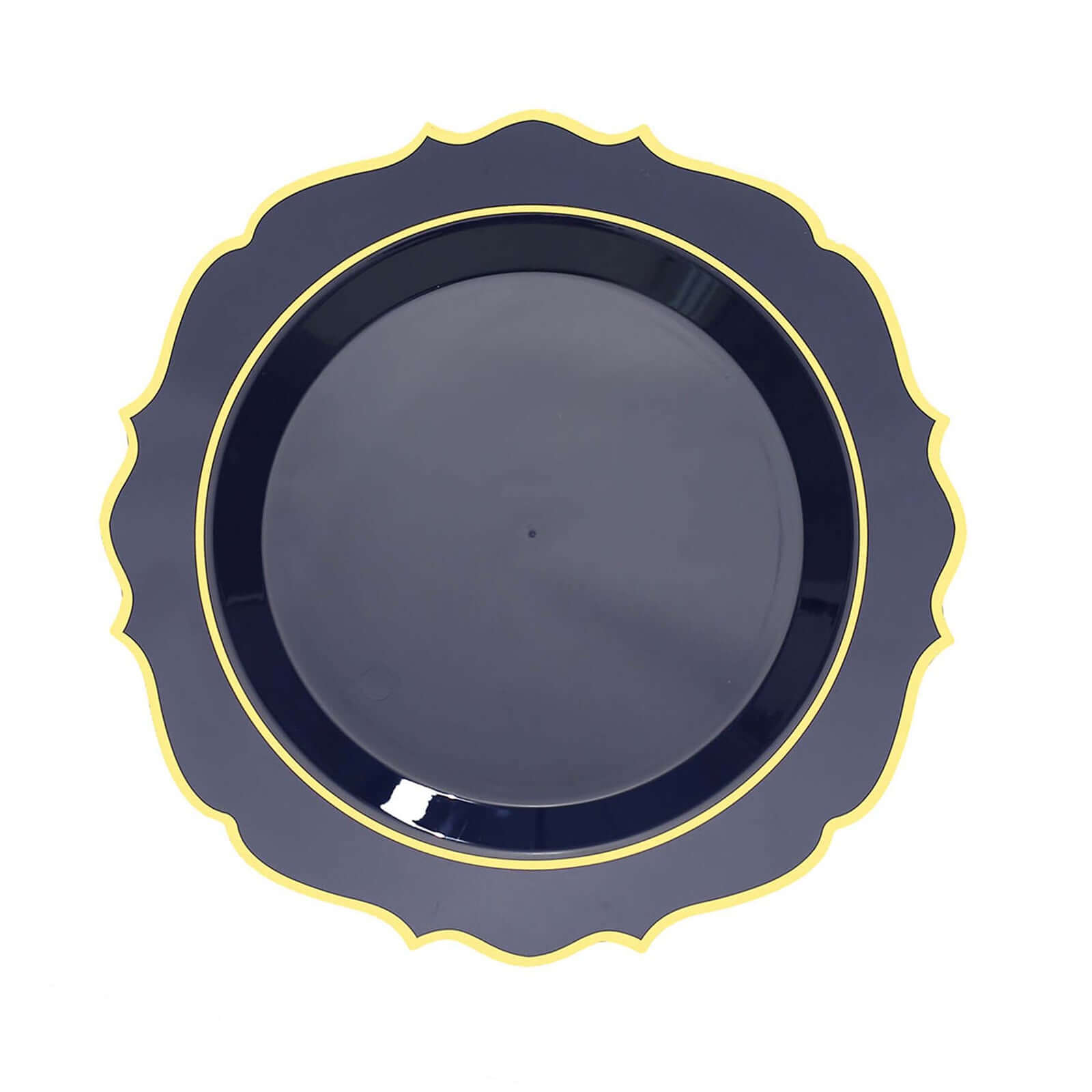10-Pack Plastic 8" Round Dessert Plates in Navy Blue with Gold Scalloped Rim - Disposable Appetizer/Salad Plates