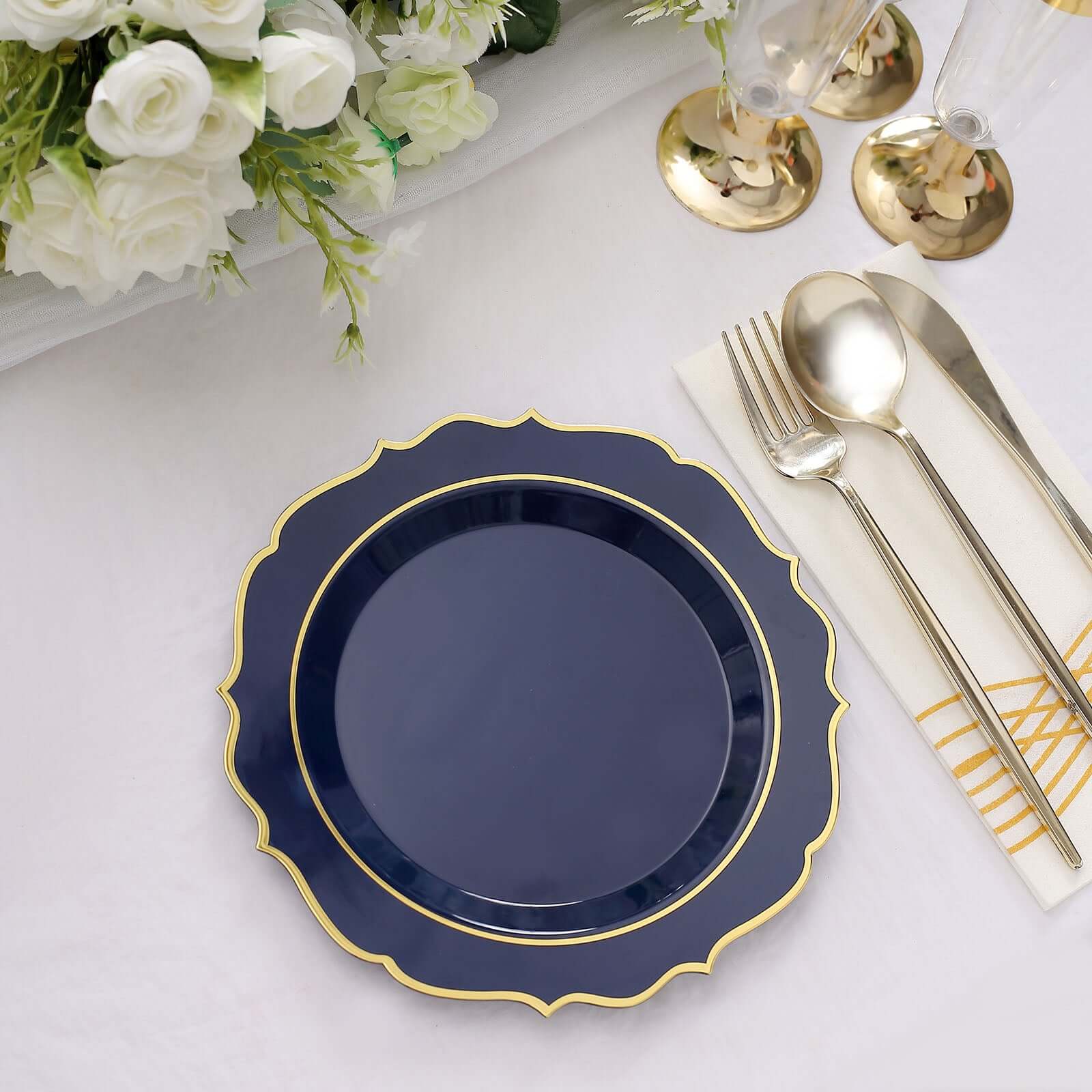 10-Pack Plastic 8" Round Dessert Plates in Navy Blue with Gold Scalloped Rim - Disposable Appetizer/Salad Plates