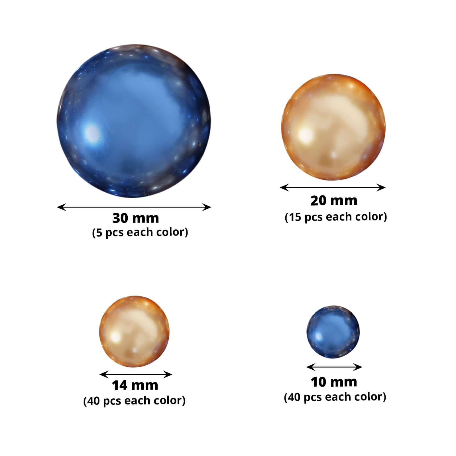 200Pcs Assorted Pearl Beads Vase Fillers in Navy Blue and Gold - Lustrous DIY Craft Bead Set