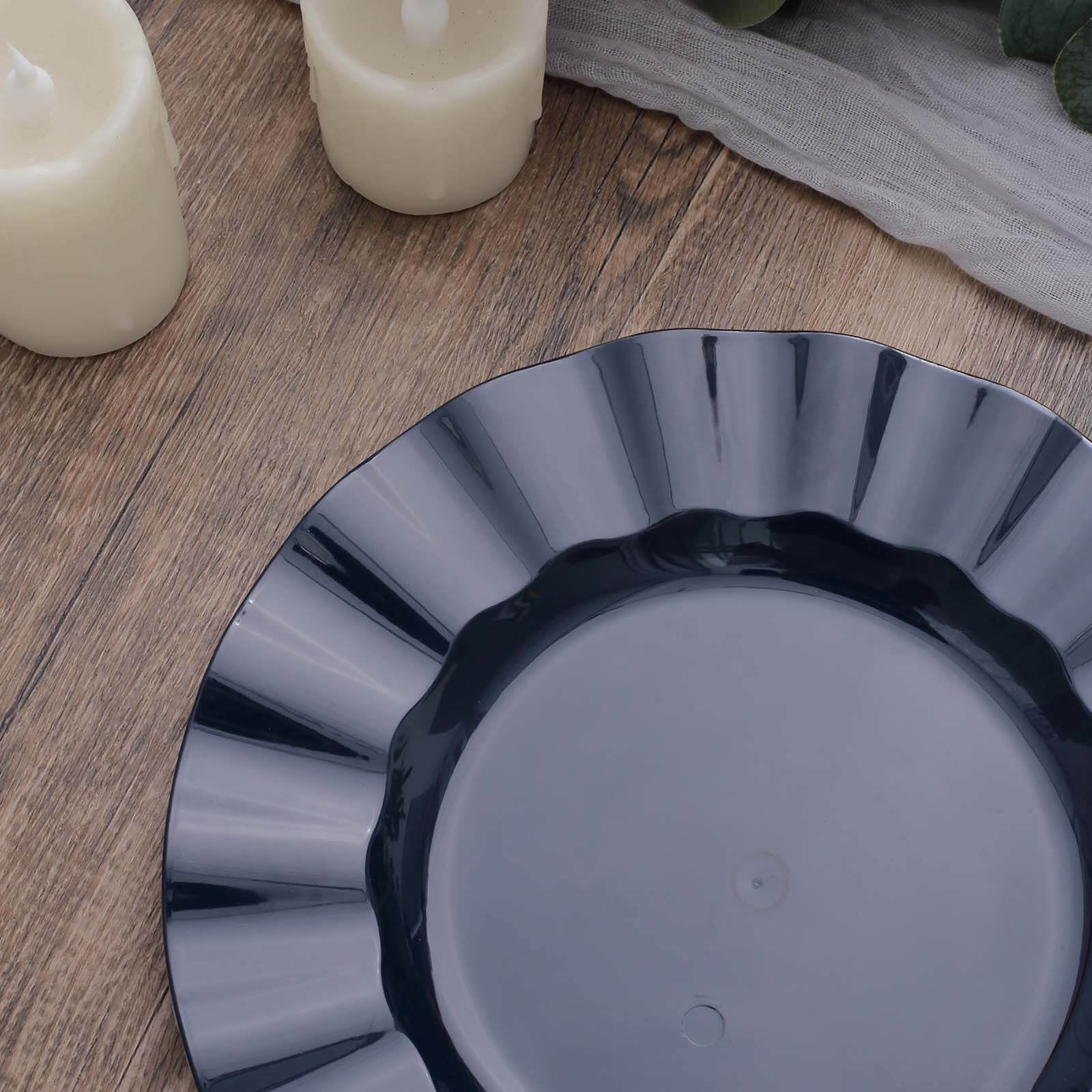 10-Pack Plastic 9" Round Dinner Plates in Navy Blue Ruffled Rim with Gold Edging - Sturdy Disposable Dinnerware