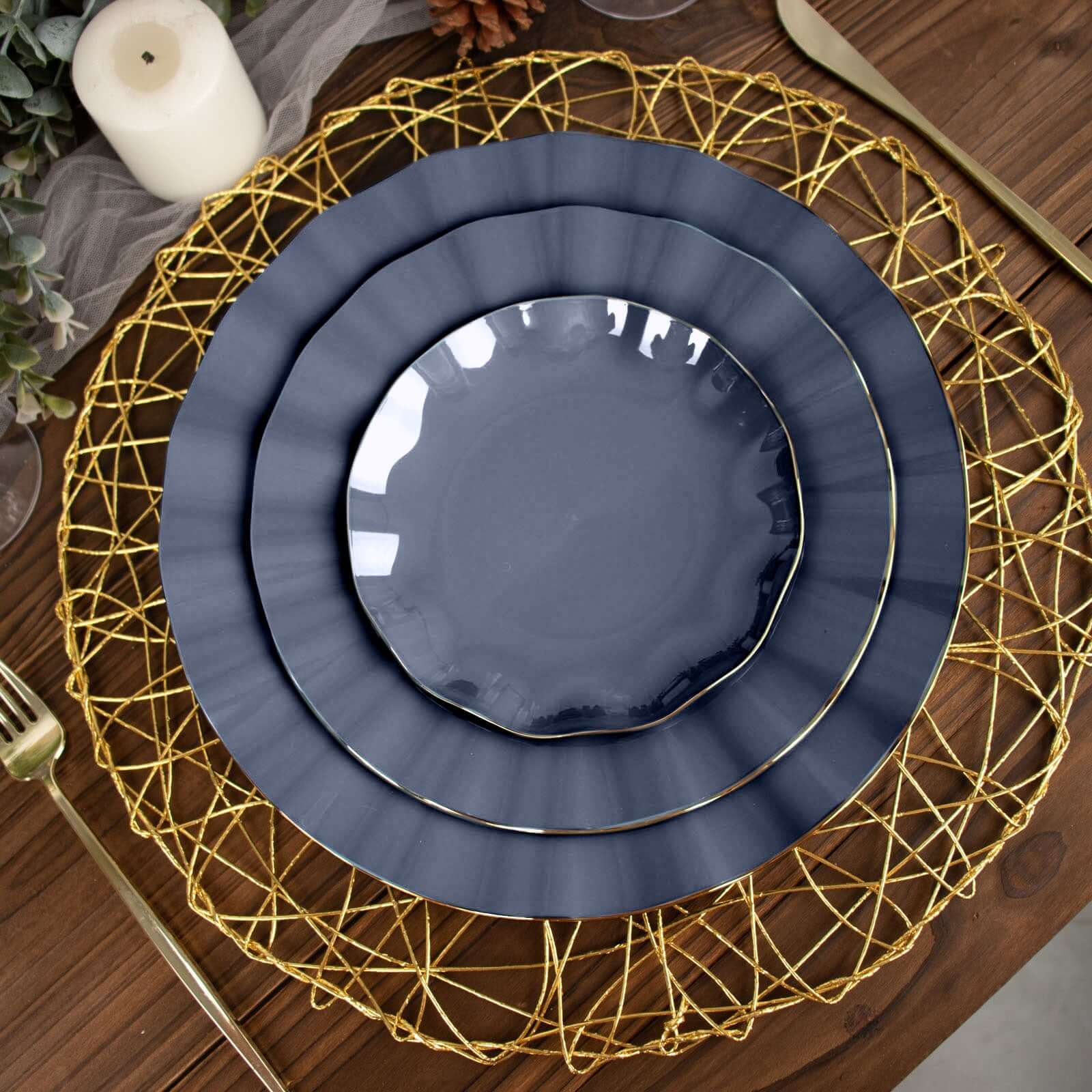 10-Pack Plastic Round 6" Dessert Plates in Navy Blue Ruffled Rim with Gold Edging - Sturdy Disposable Salad Appetizer Dinnerware
