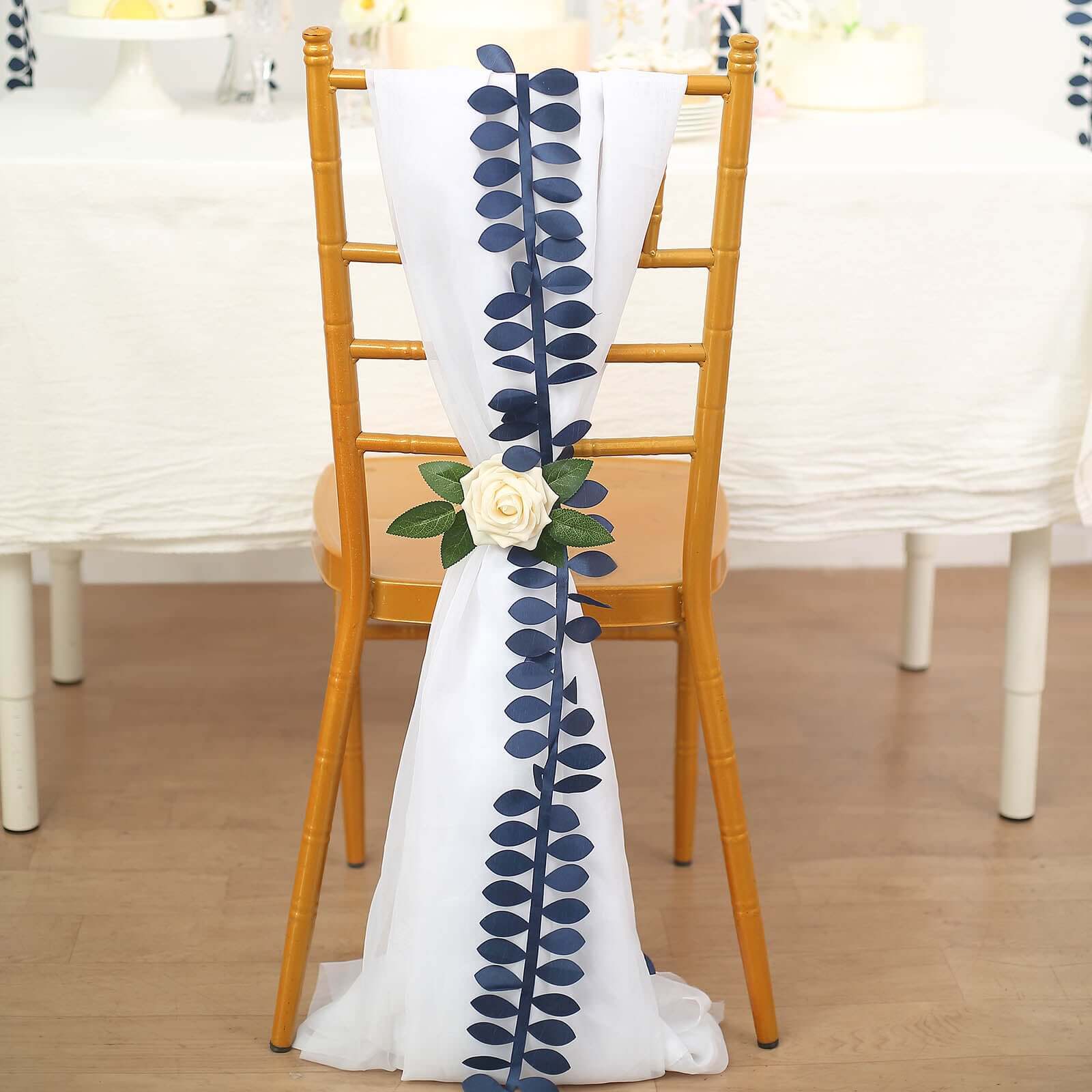 Taffeta Ribbon Sash with 4" Leaf Petal Design Navy Blue 50ft - Sophisticated Artificial Fabric Garland