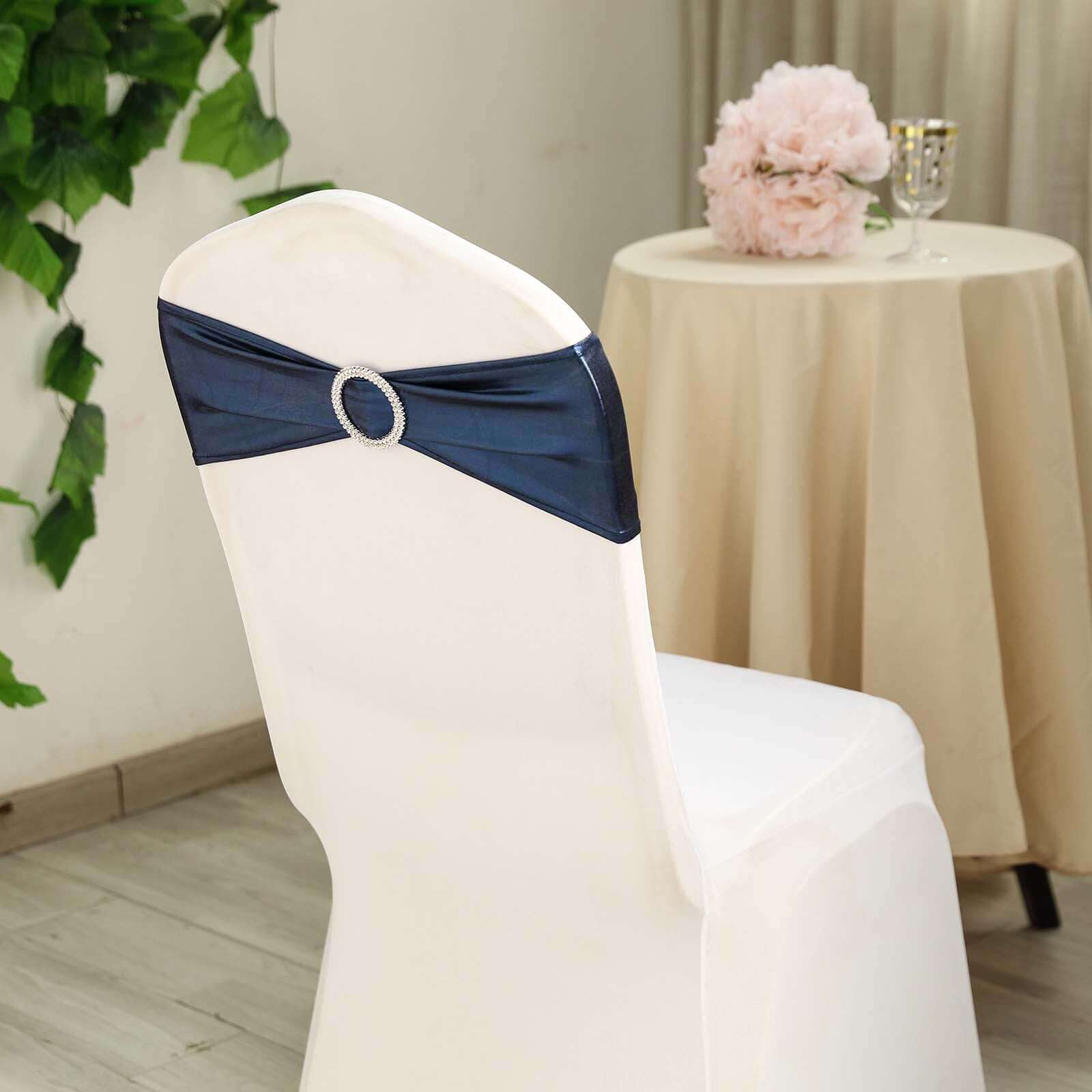 5 Pack Metallic Spandex Chair Sashes Navy Blue - Stretch Fit Chair Bands With Round Diamond Buckles