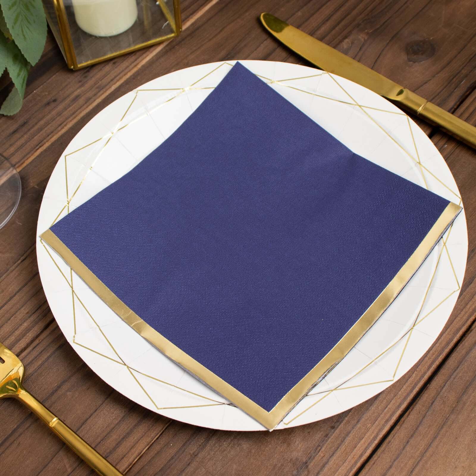 50-Pack Paper Beverage Napkins with Gold Foil Edge Navy Blue - Disposable 2 Ply Cocktail Napkins for Events 6.5"x6.5"