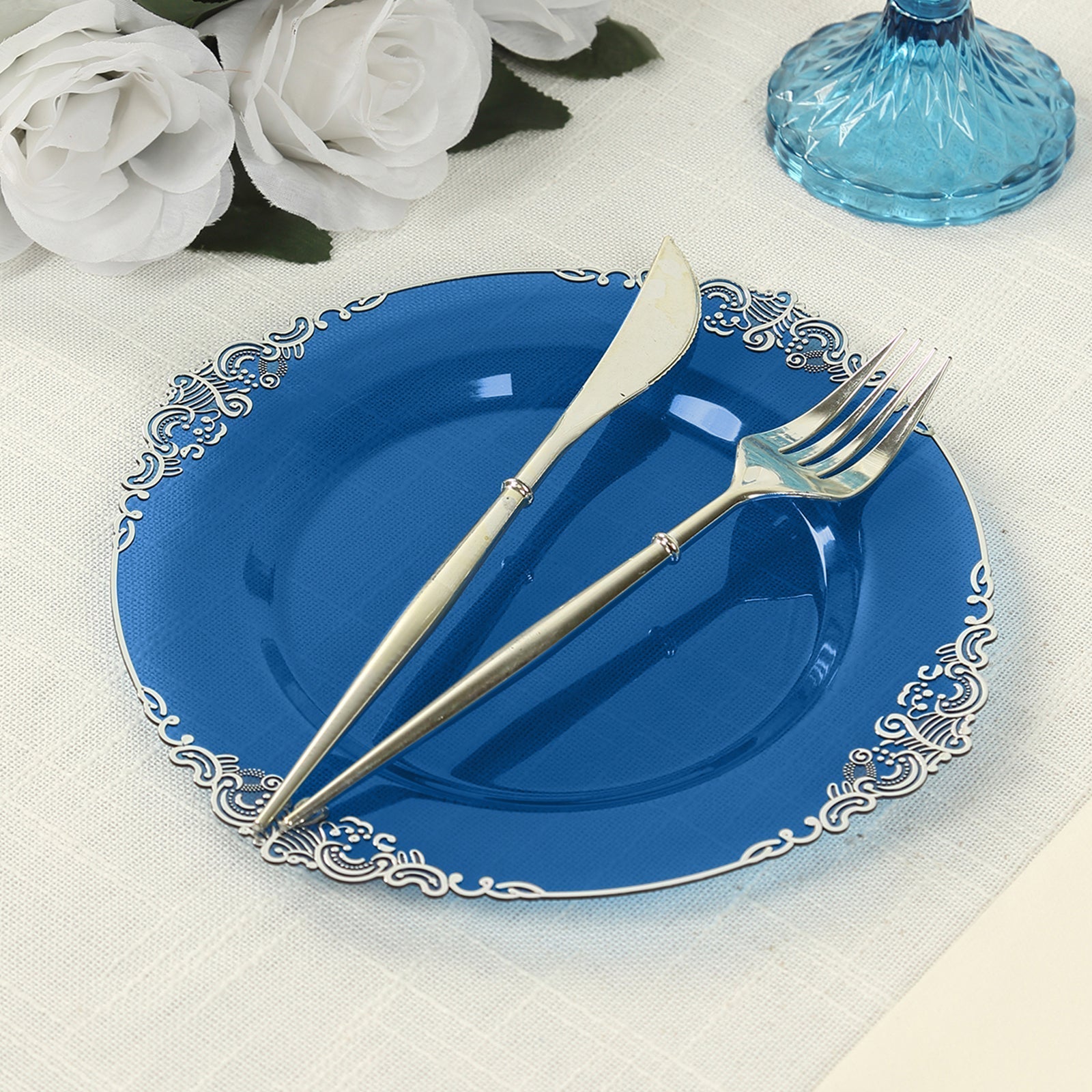 10-Pack Plastic 8" Round Dessert Plates in Transparent Navy Blue with Silver Leaf Embossed Rim - Disposable Vintage Baroque Style Salad Plates