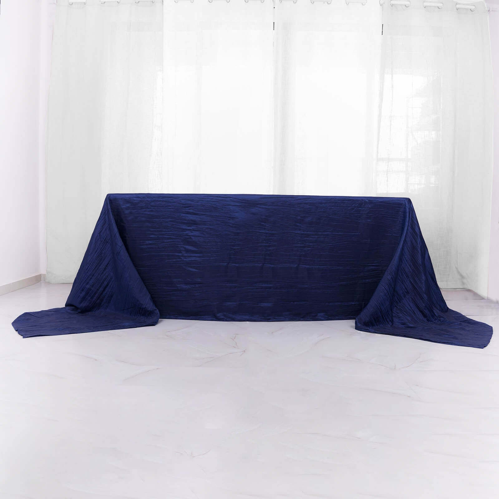 Taffeta 90"x156" Rectangle Tablecloth Navy Blue - Accordion Crinkle Seamless Table Cover