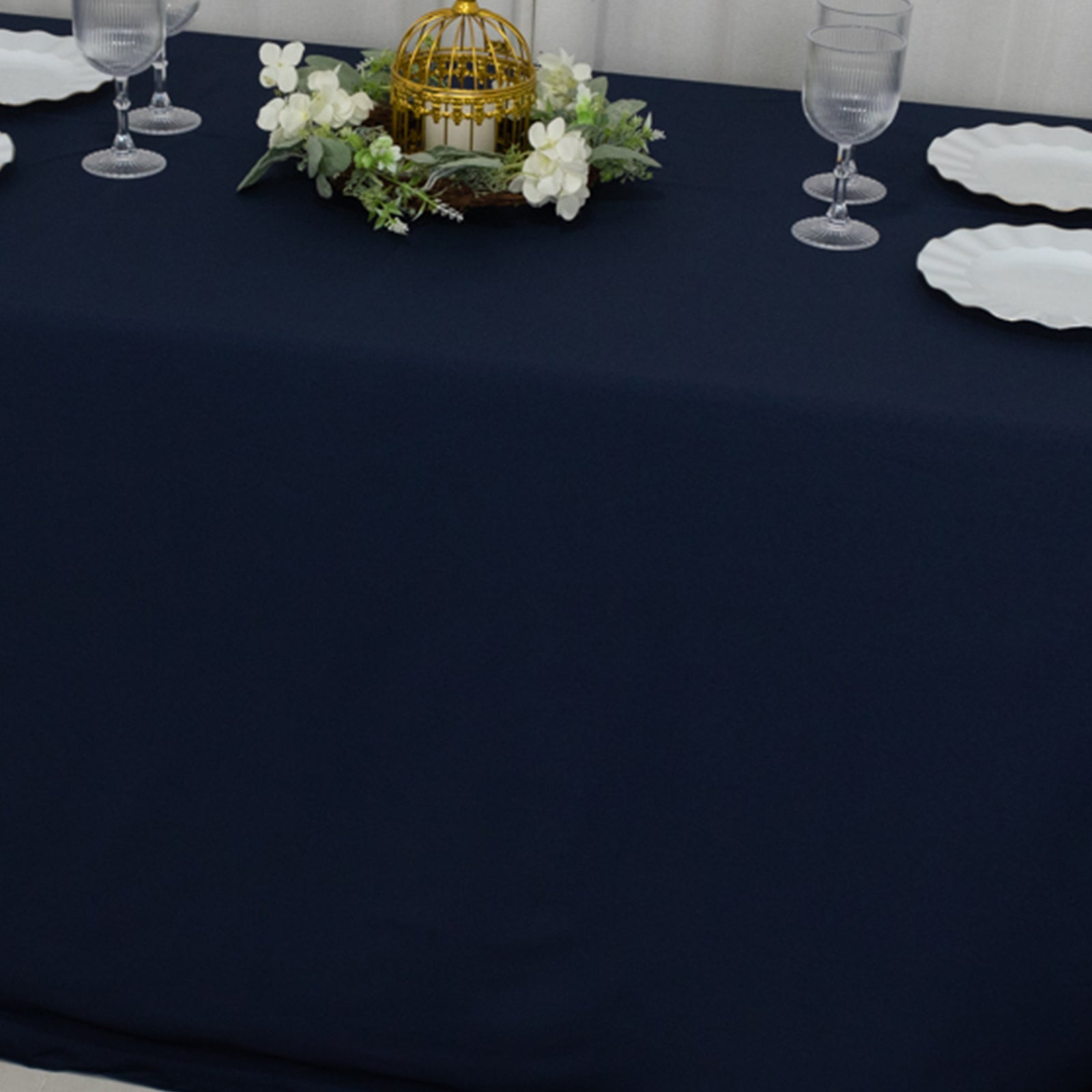 Fire Retardant Premium Polyester 90"x132" Rectangular Tablecloth Navy Blue - High-Performance Seamless Table Cover