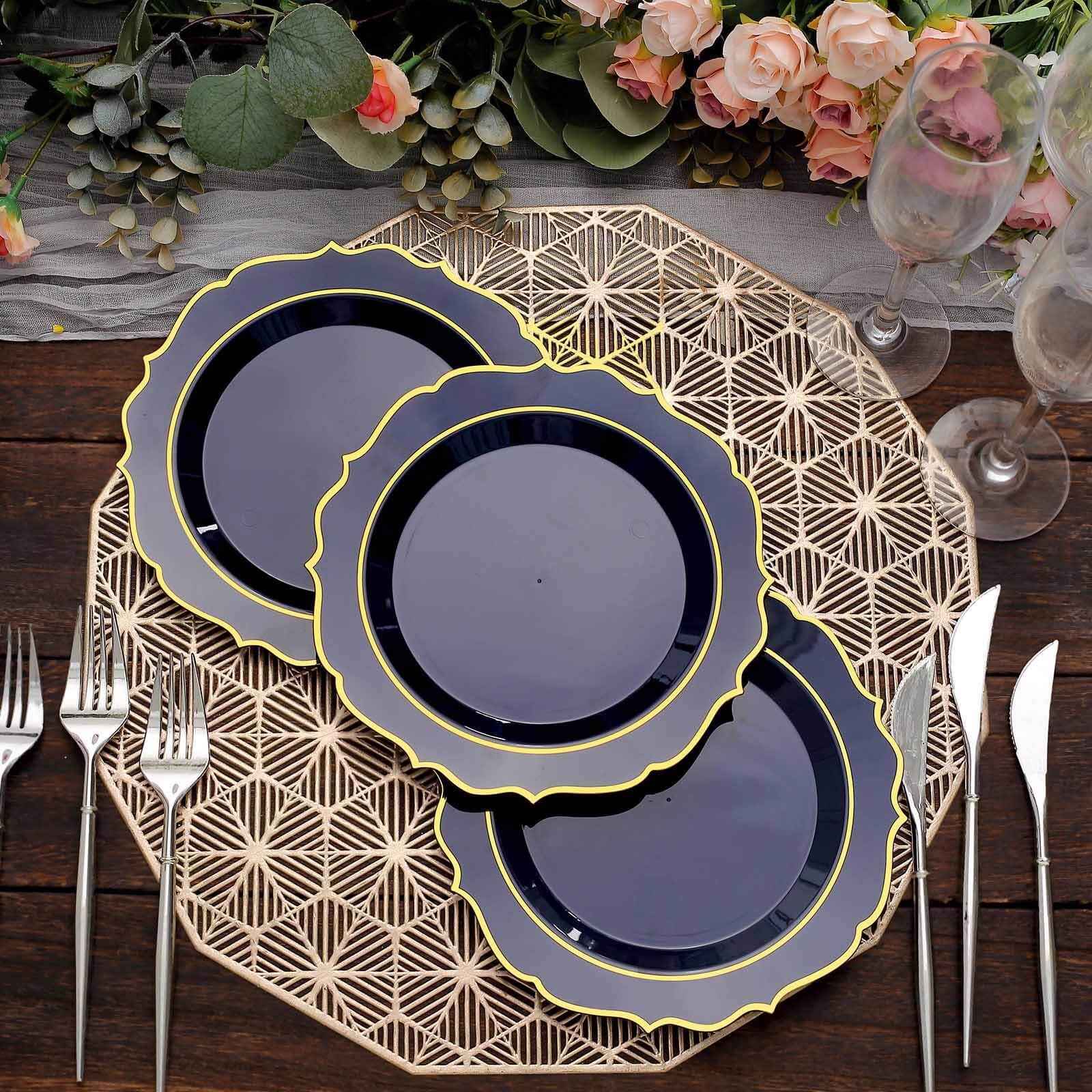 10-Pack Plastic 8" Round Dessert Plates in Navy Blue with Gold Scalloped Rim - Disposable Appetizer/Salad Plates