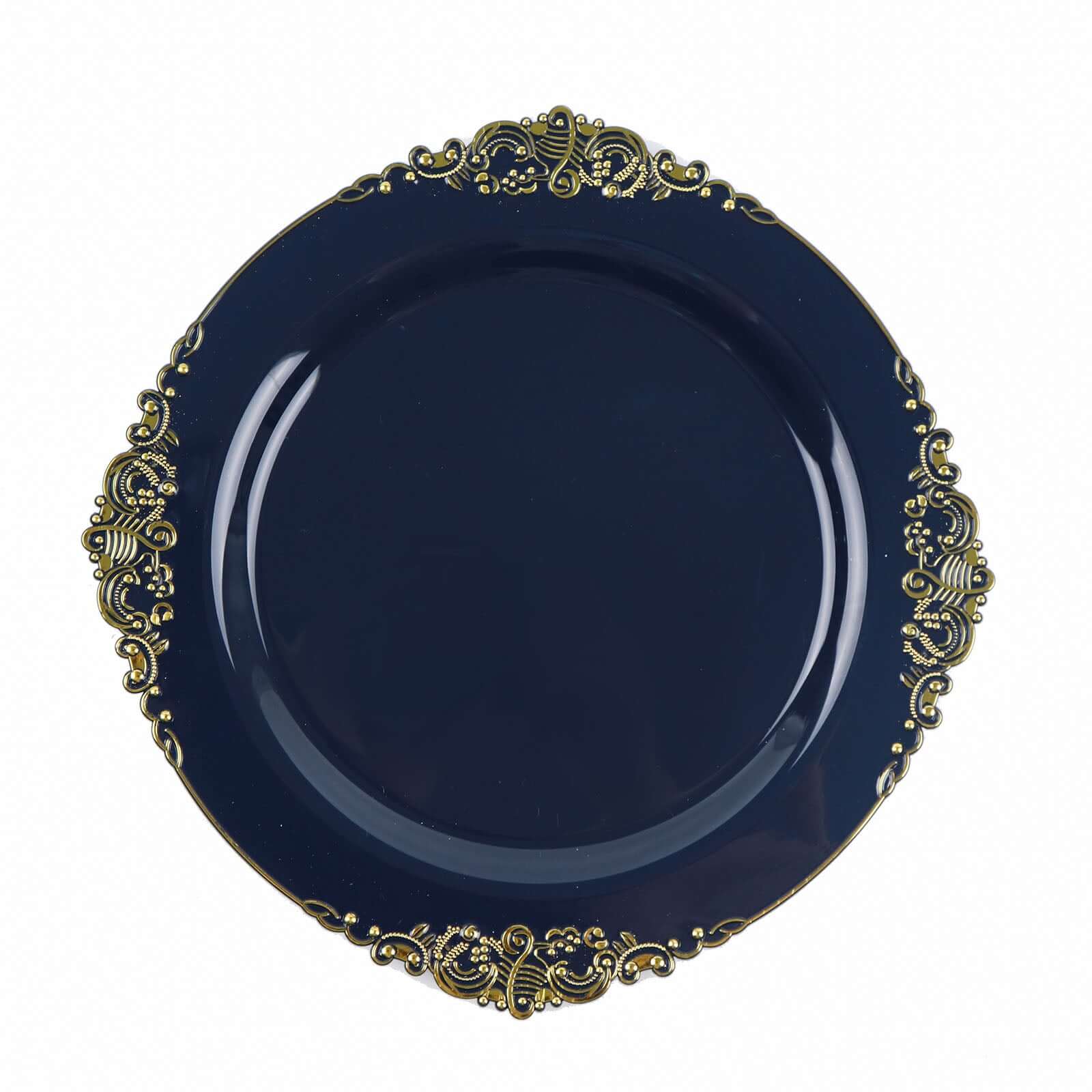 10-Pack Plastic 10" Round Dinner Plates in Navy Blue with Gold Leaf Embossed Rim - Disposable Vintage Baroque Style Plates