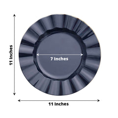 10-Pack Plastic 11" Round Dinner Plates in Navy Blue Ruffled Rim with Gold Edging - Sturdy Disposable Dinnerware