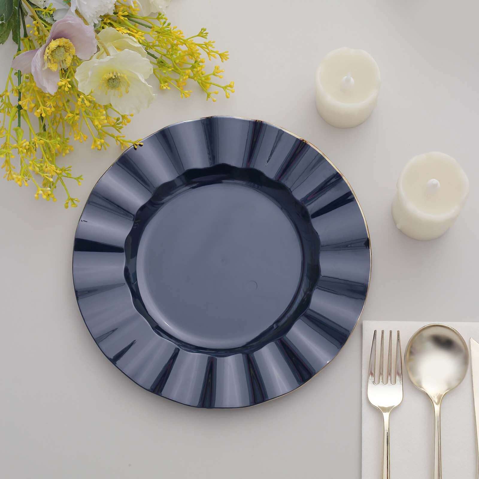 10-Pack Plastic 9" Round Dinner Plates in Navy Blue Ruffled Rim with Gold Edging - Sturdy Disposable Dinnerware