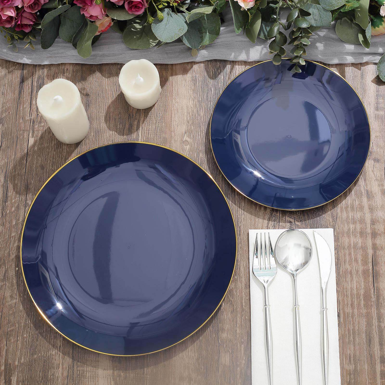 10-Pack Plastic 10" Round Dinner Plates in Navy Blue with Gold Rim - Glossy Disposable Party Plates