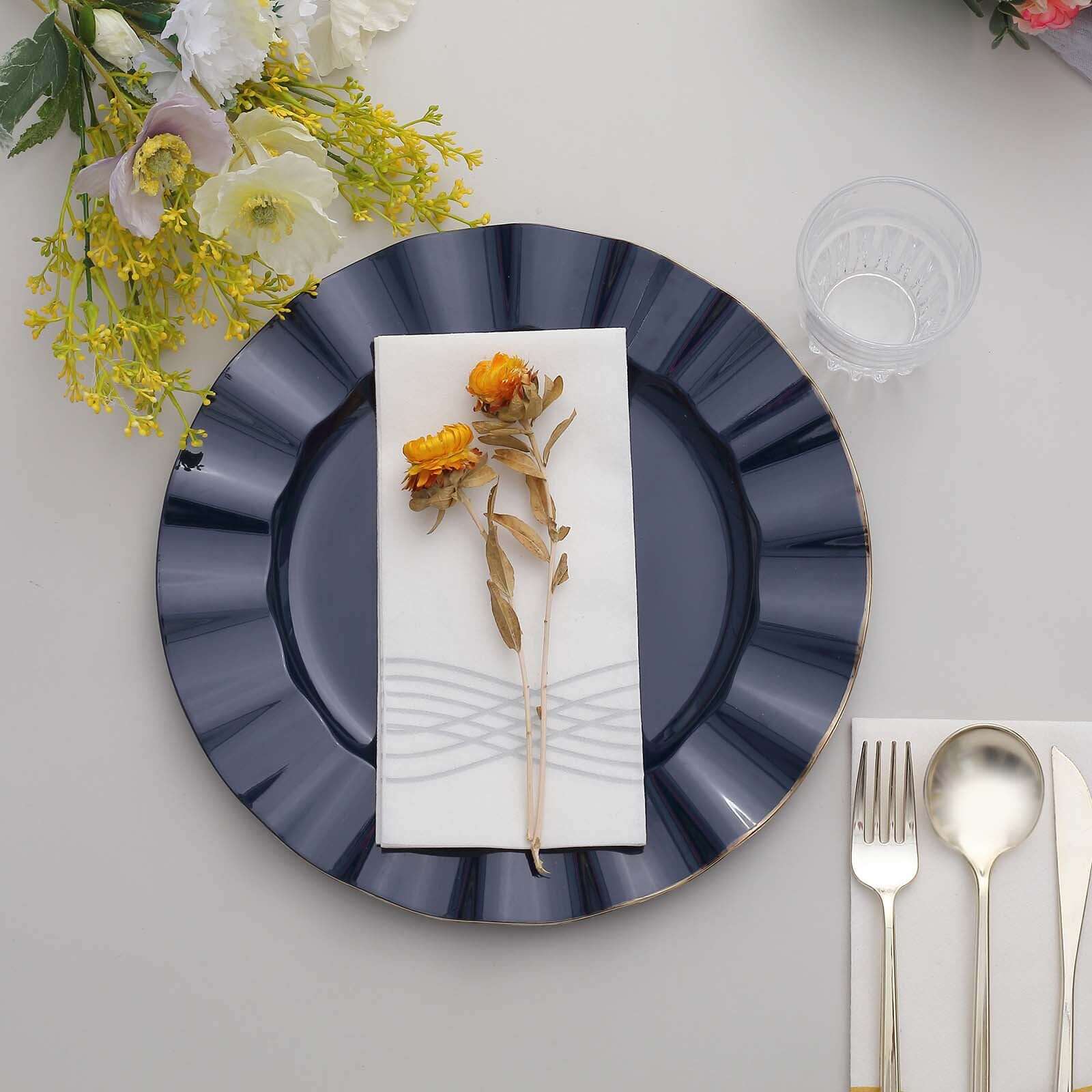 10-Pack Plastic 11" Round Dinner Plates in Navy Blue Ruffled Rim with Gold Edging - Sturdy Disposable Dinnerware