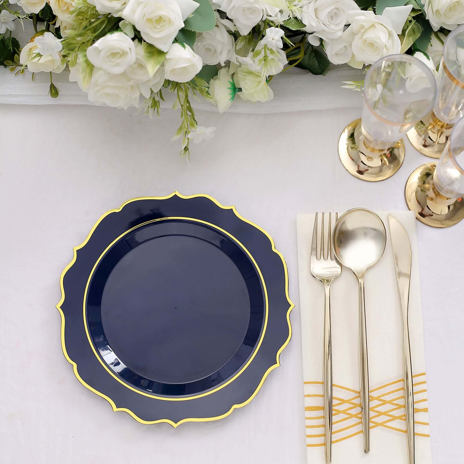10-Pack Plastic 8" Round Dessert Plates in Navy Blue with Gold Scalloped Rim - Disposable Appetizer/Salad Plates