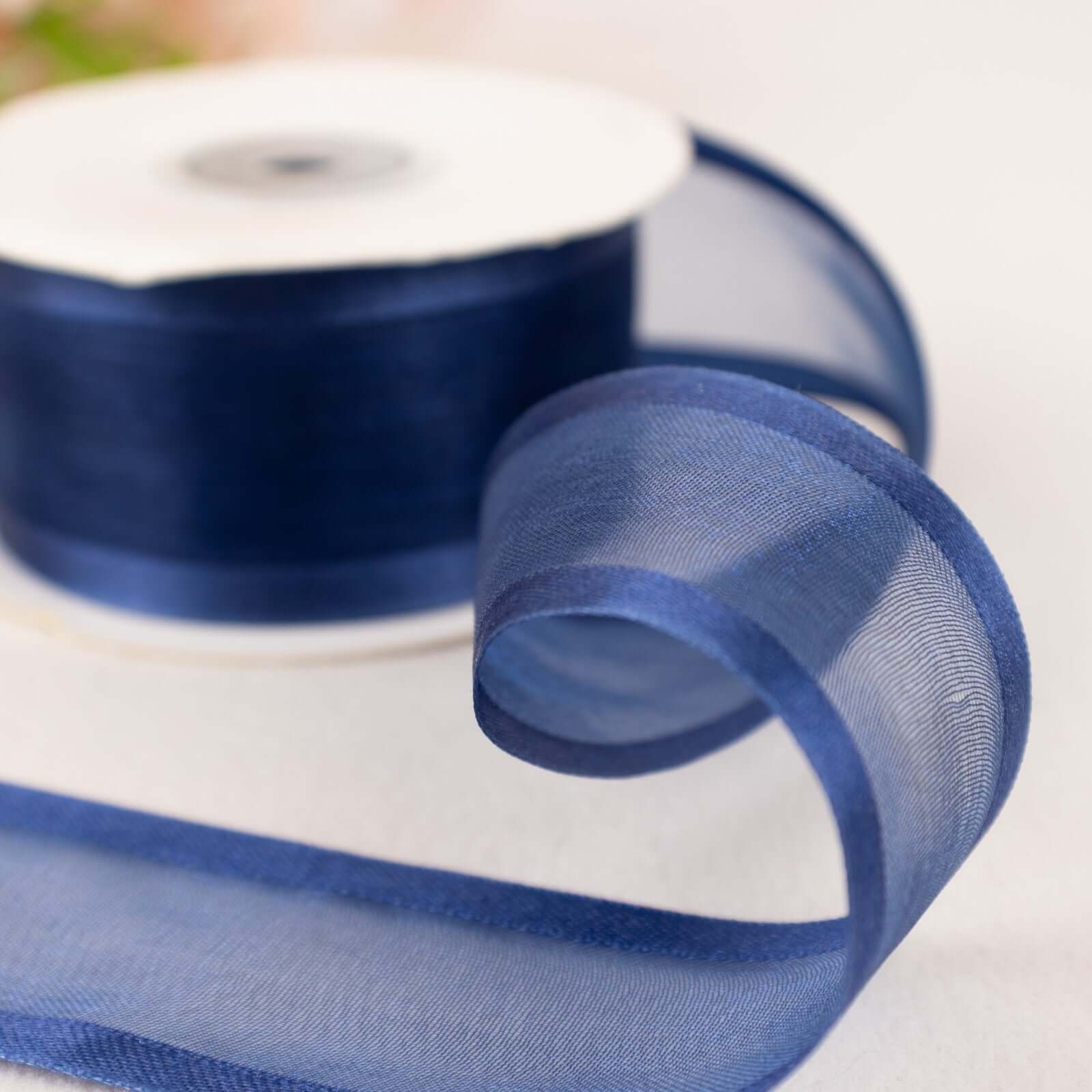 25 Yards 1.5" Navy Blue Sheer Organza Ribbon With Satin Edges